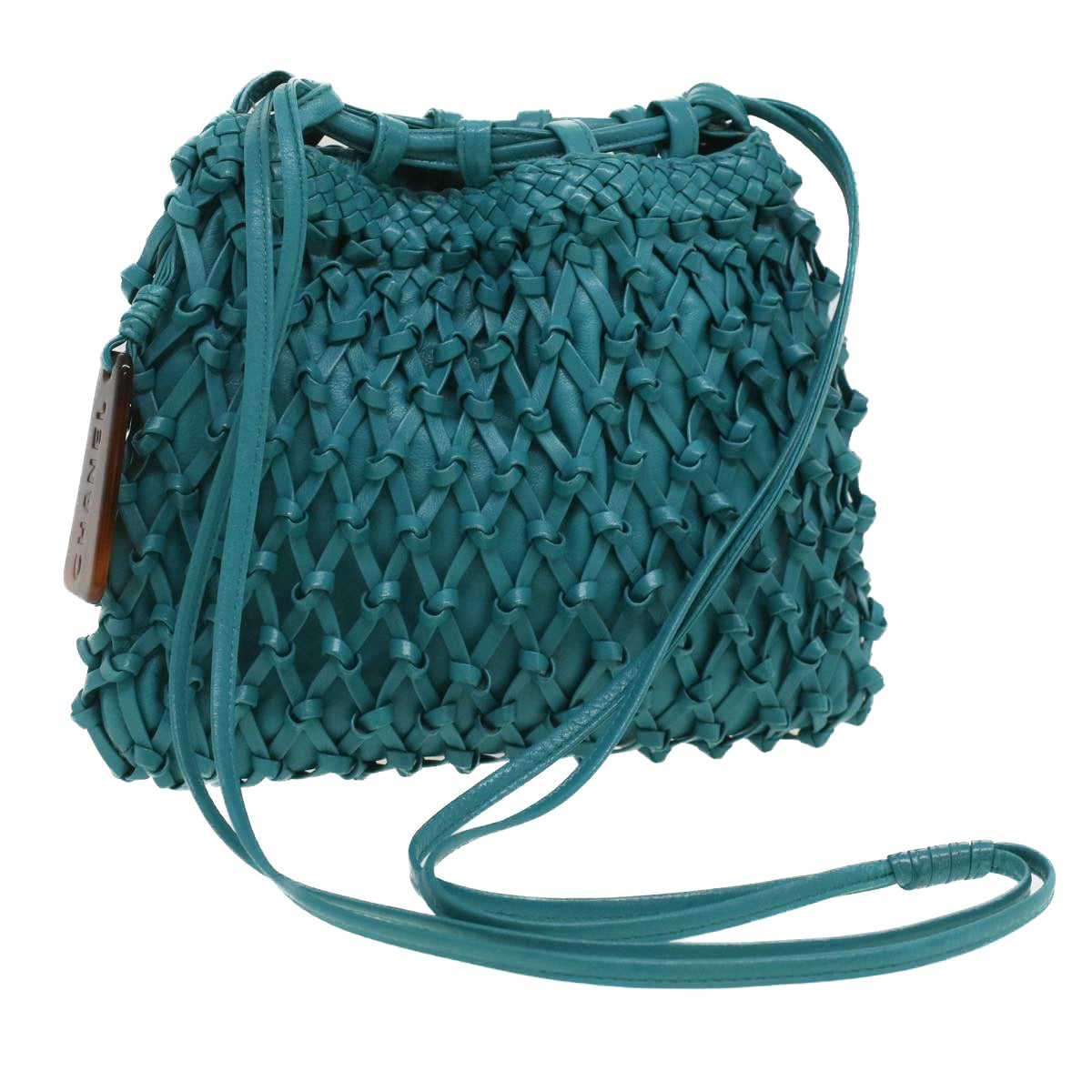 CHANEL Knitting Shoulder Bag Leather Light Blue CC Auth 33811