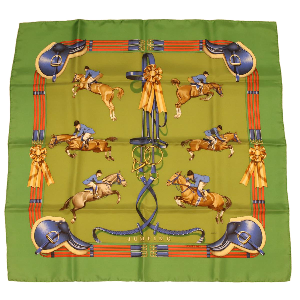 HERMES Carre90 Scarf ""JUMPING"" Silk Green Auth 34024