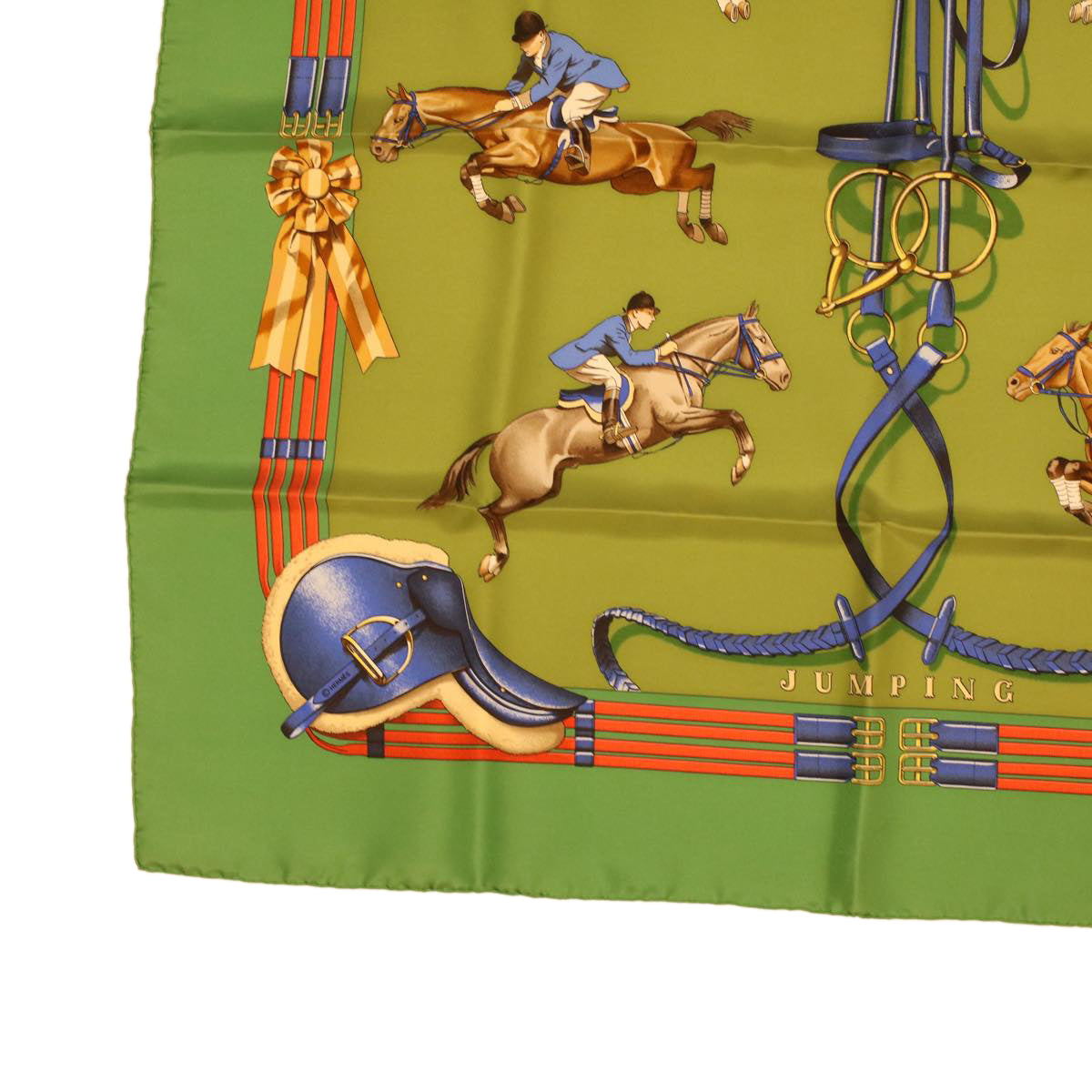 HERMES Carre90 Scarf ""JUMPING"" Silk Green Auth 34024