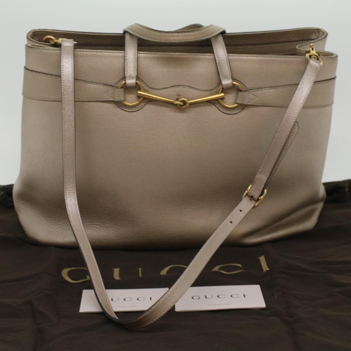 GUCCI Horse Bit GG Canvas Hand Bag Leather 2way Gold Beige 320903 Auth 34589