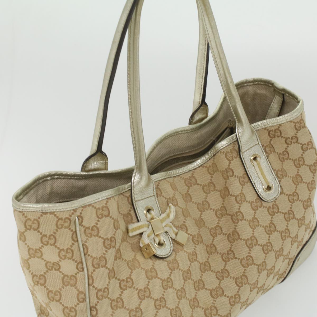 GUCCI GG Canvas Tote Bag Beige Champagne Gold Auth 34597