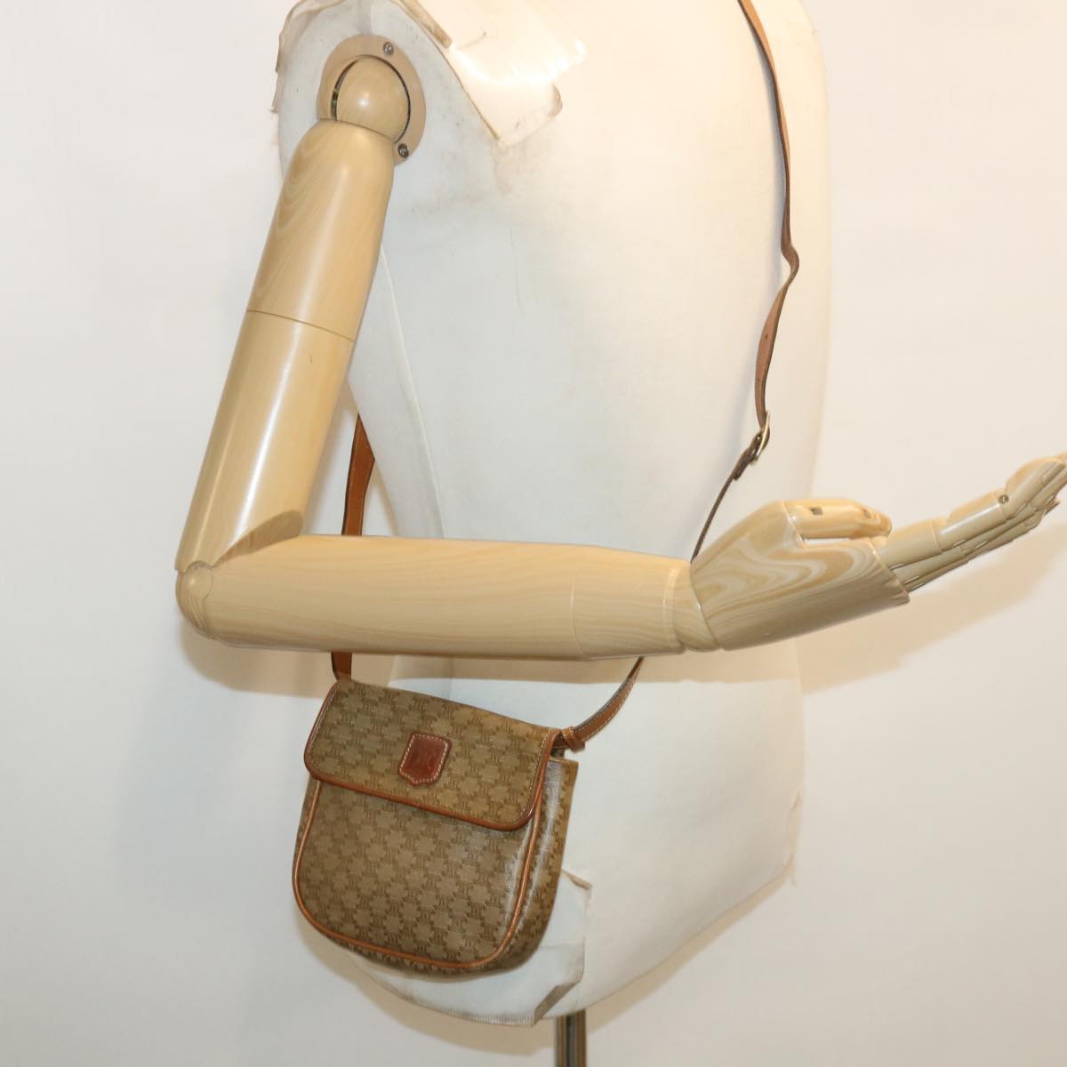 CELINE Macadam Canvas Shoulder Bag PVC Leather Beige Auth 35355