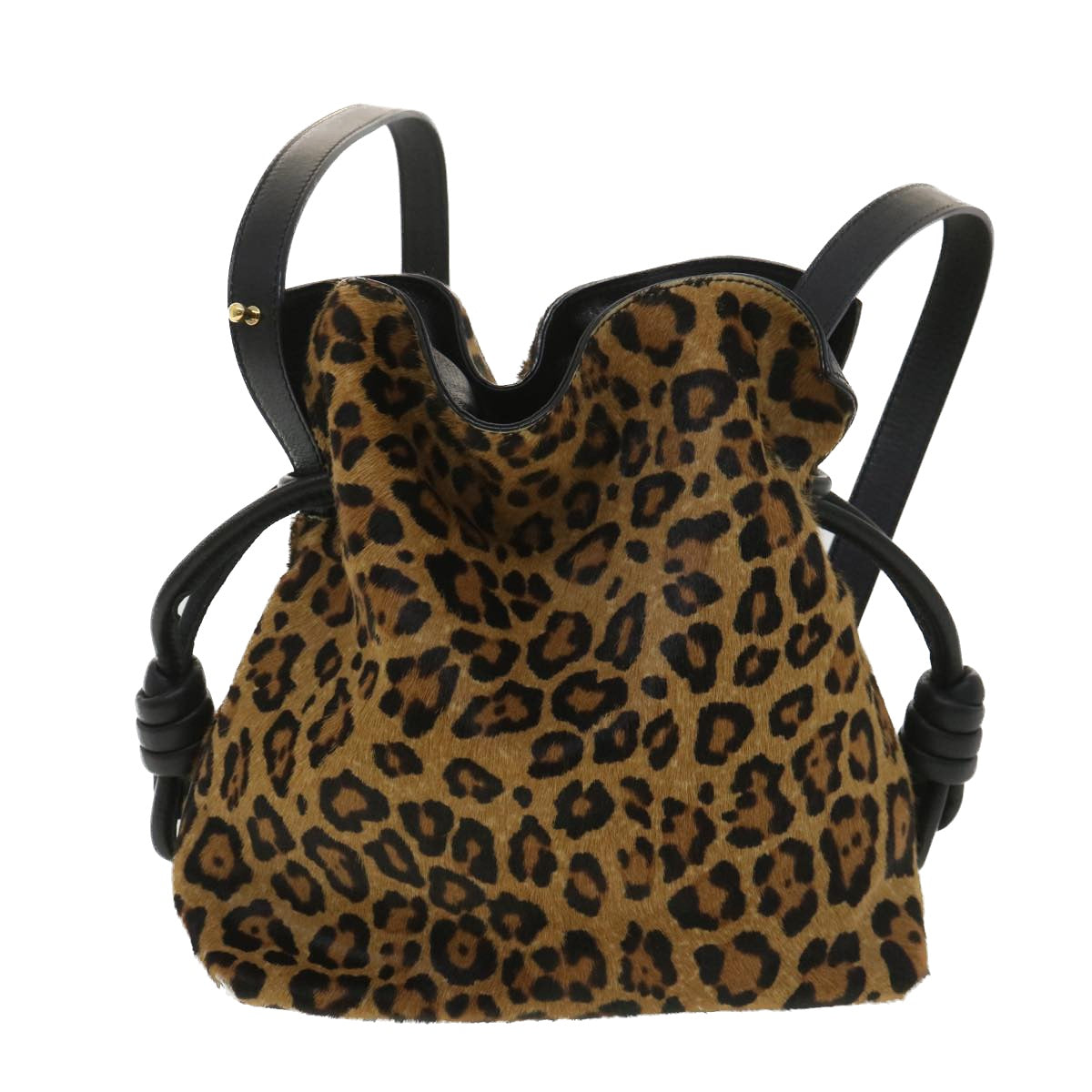 LOEWE Leopard Shoulder Bag Unborn Calf Skin Leather Brown Black Auth 35676 - 0