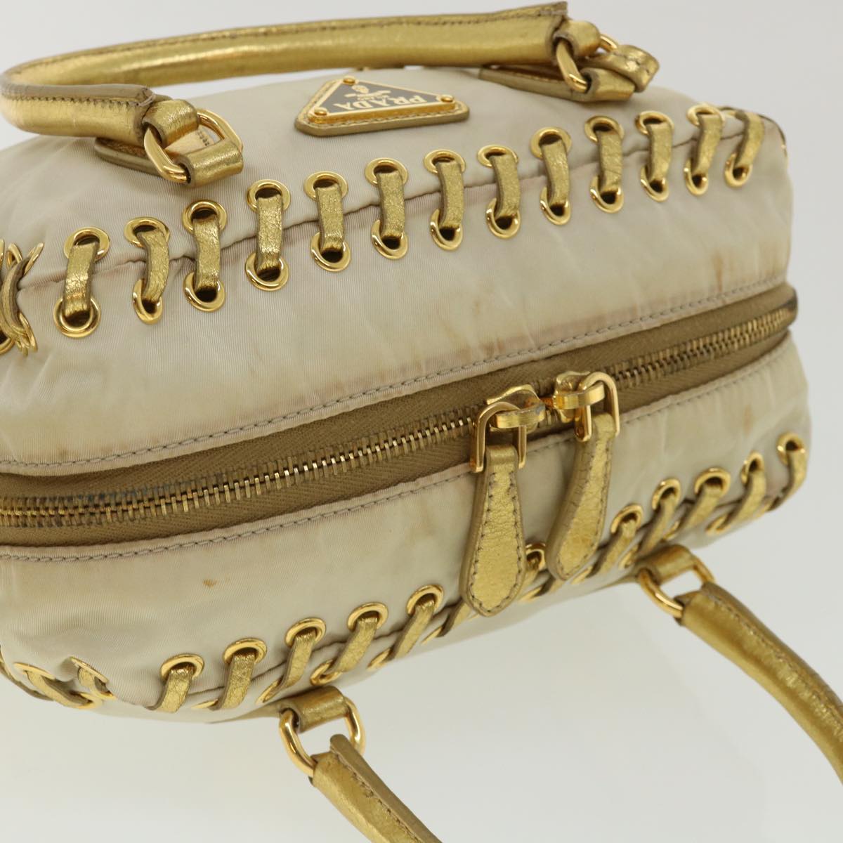 PRADA Hand Bag Nylon Leather 2way Gold Beige Auth 35755