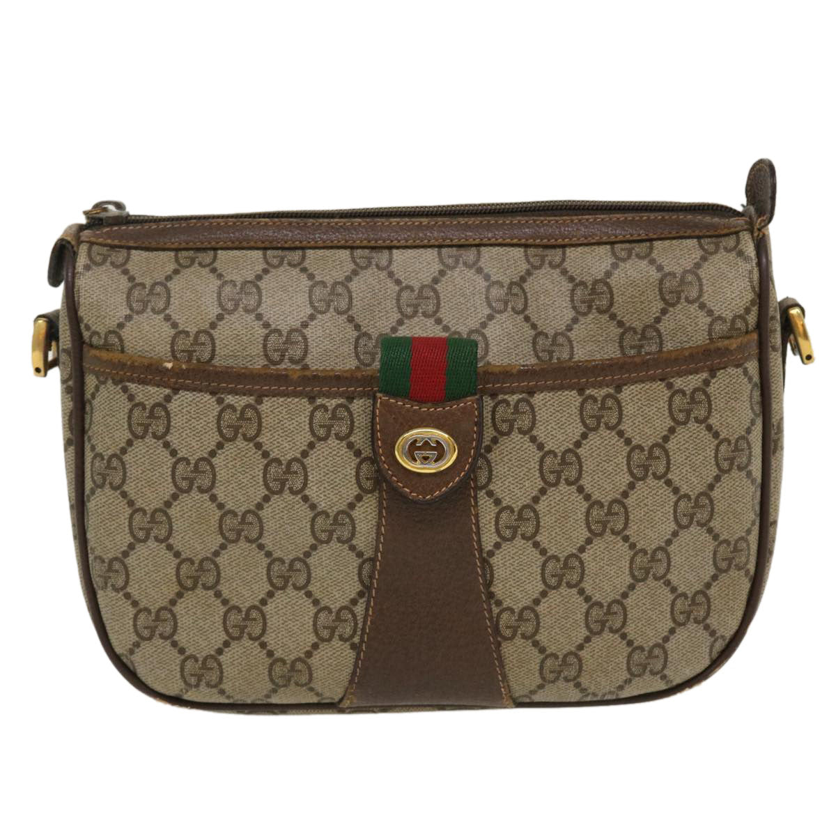 GUCCI Web Sherry Line Shoulder Bag PVC Leather Beige Green Red Auth 36081
