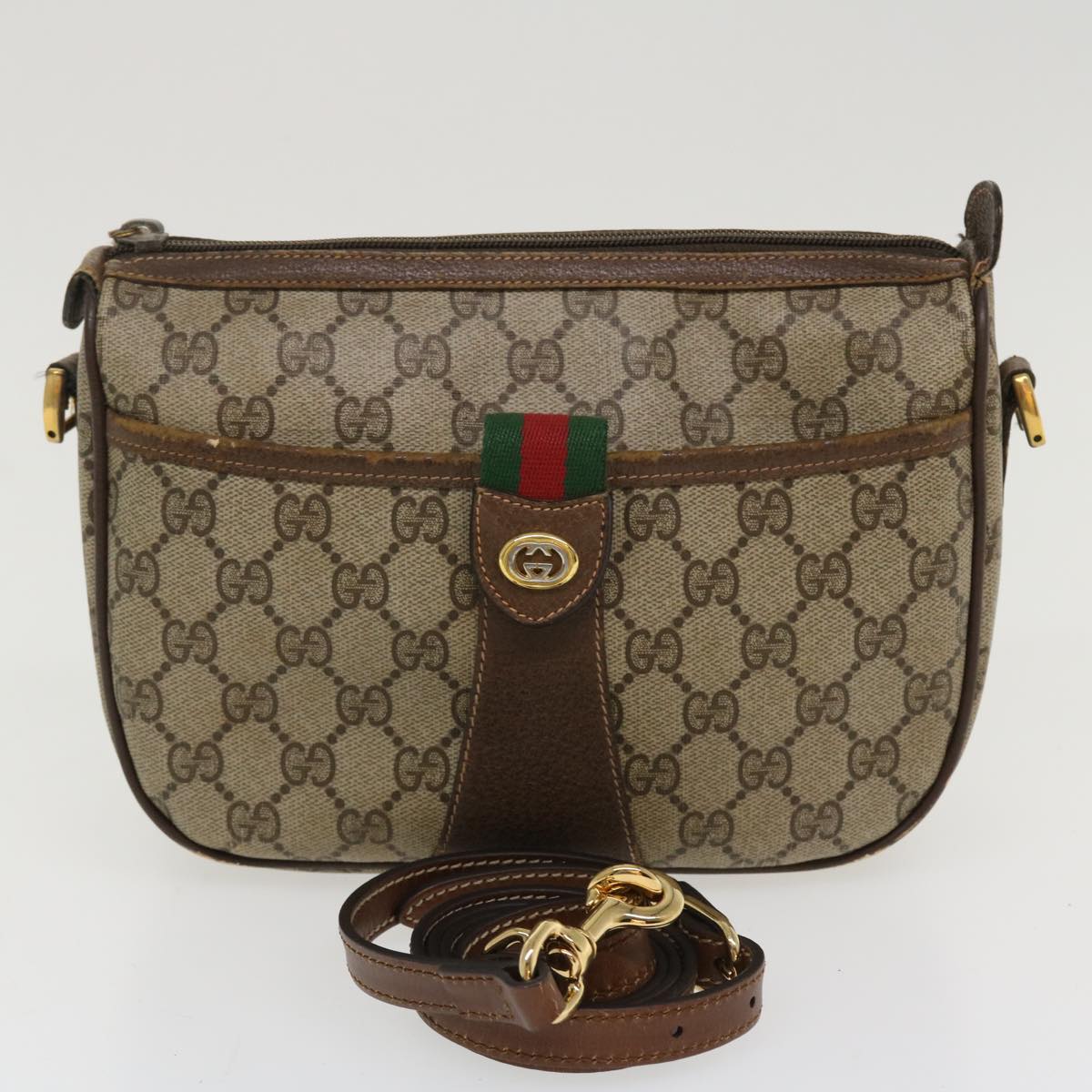 GUCCI Web Sherry Line Shoulder Bag PVC Leather Beige Green Red Auth 36081