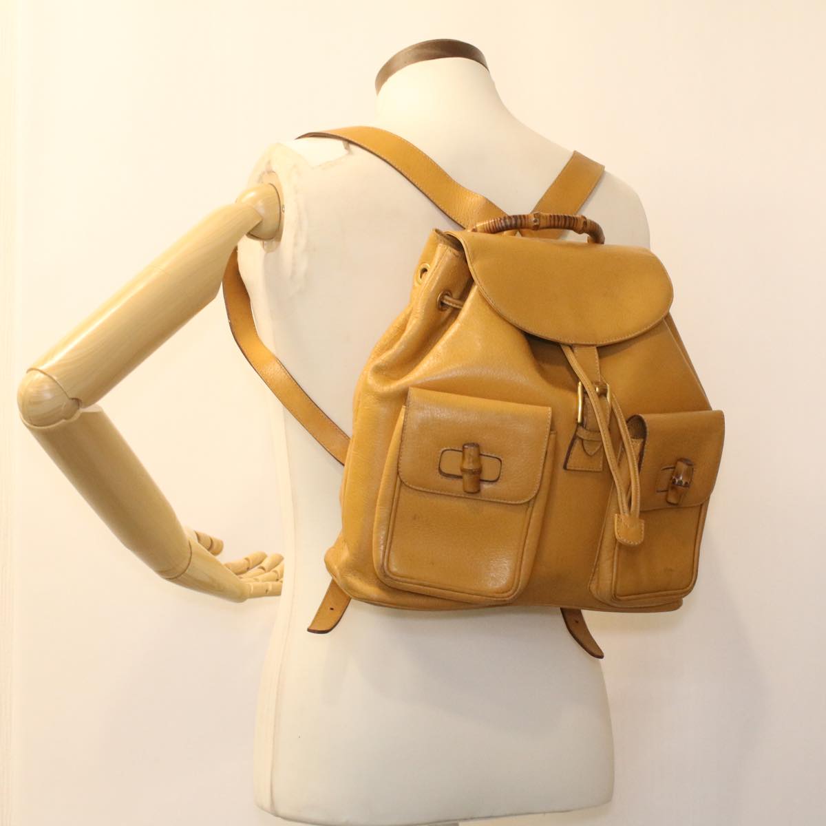 GUCCI Bamboo Backpack Leather Yellow 003.2058.0016 Auth 36249