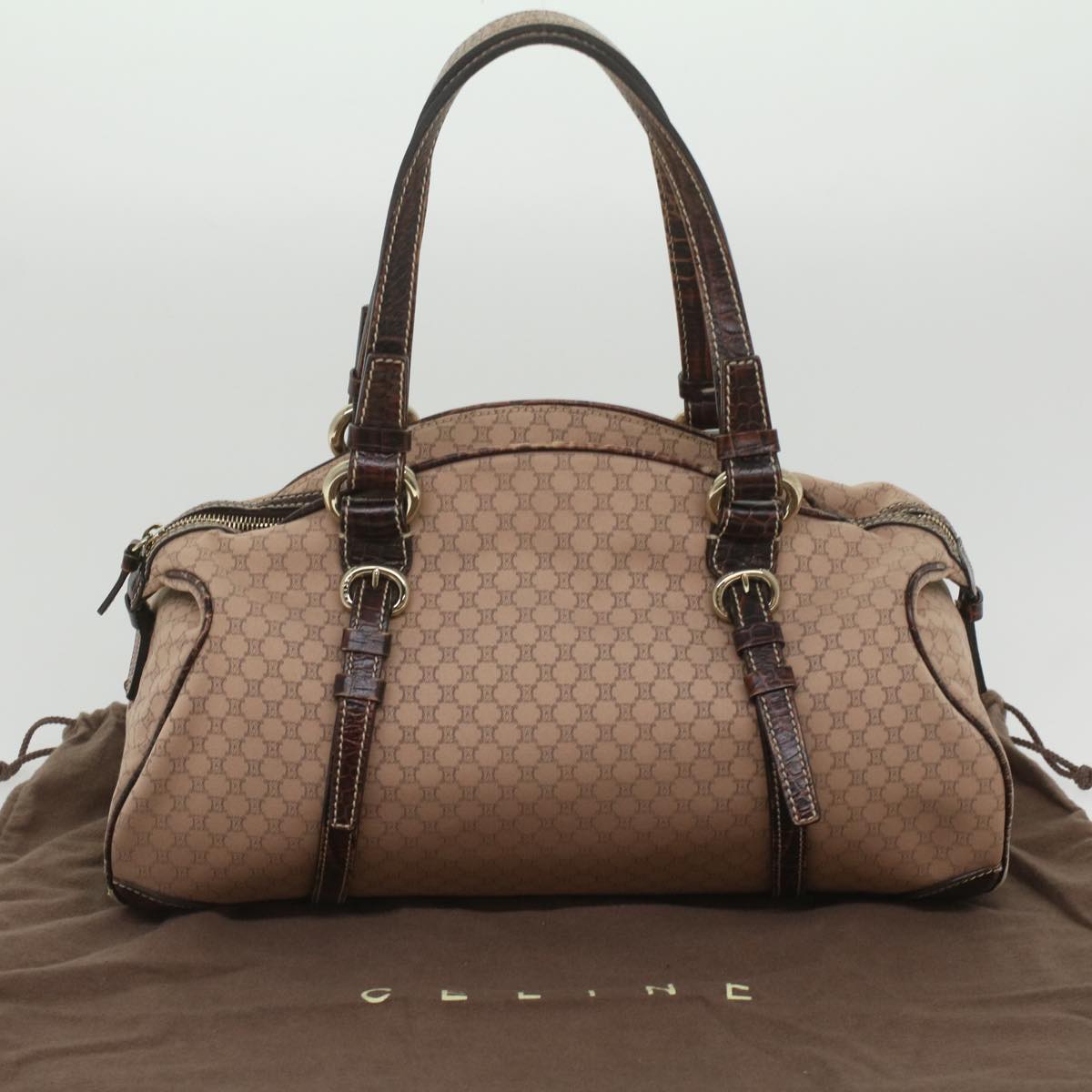 CELINE Macadam Canvas Shoulder Bag Leather Pink Brown Auth 36300