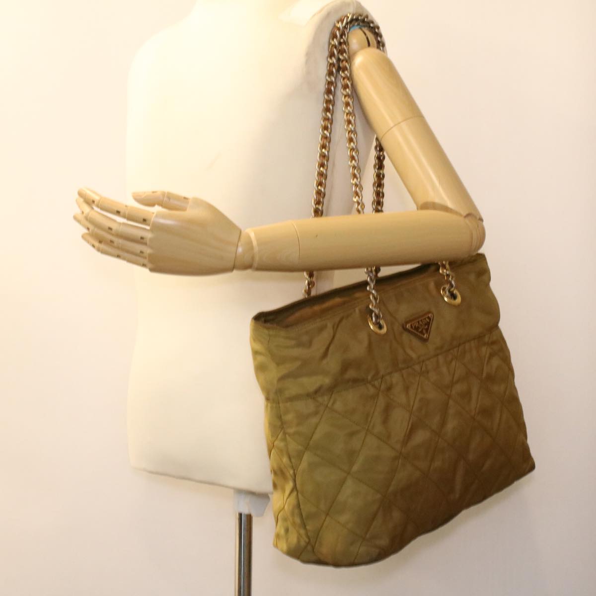 PRADA Chain Shoulder Bag Nylon Khaki Auth 36391