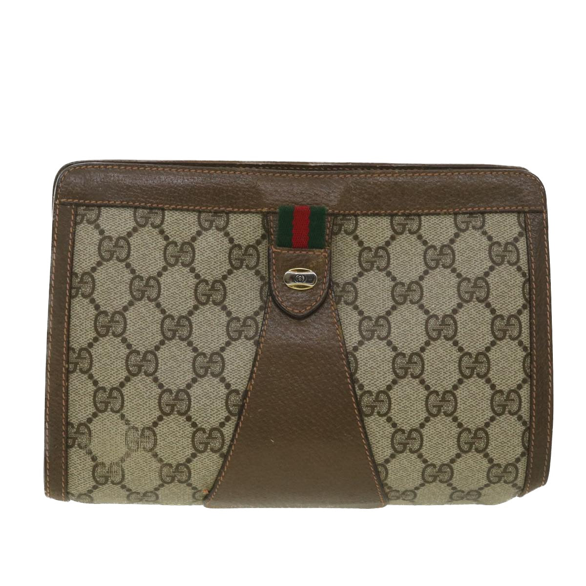 GUCCI Web Sherry Line GG Canvas Clutch Bag PVC Leather Beige Green 89 Auth 36430