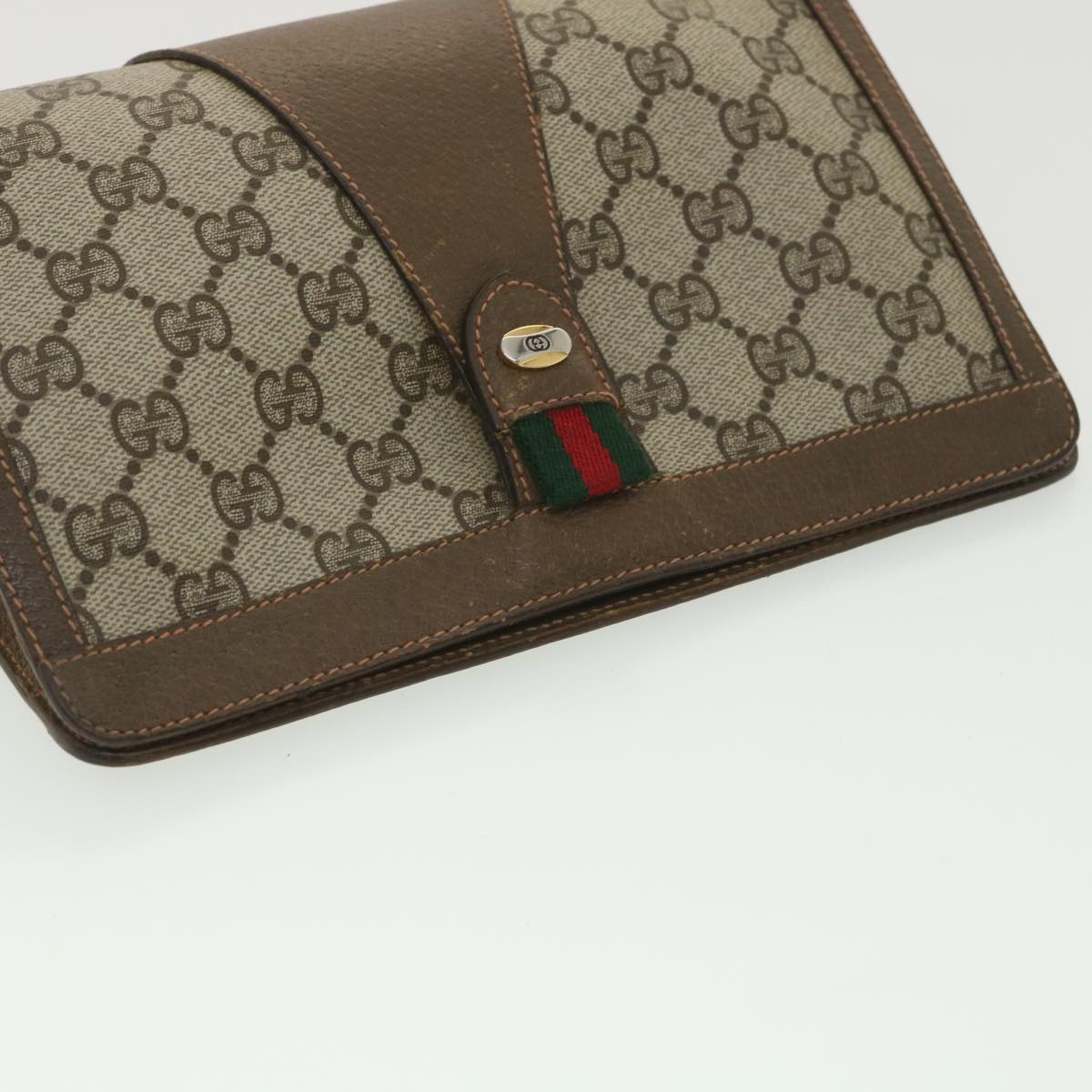 GUCCI Web Sherry Line GG Canvas Clutch Bag PVC Leather Beige Green 89 Auth 36430