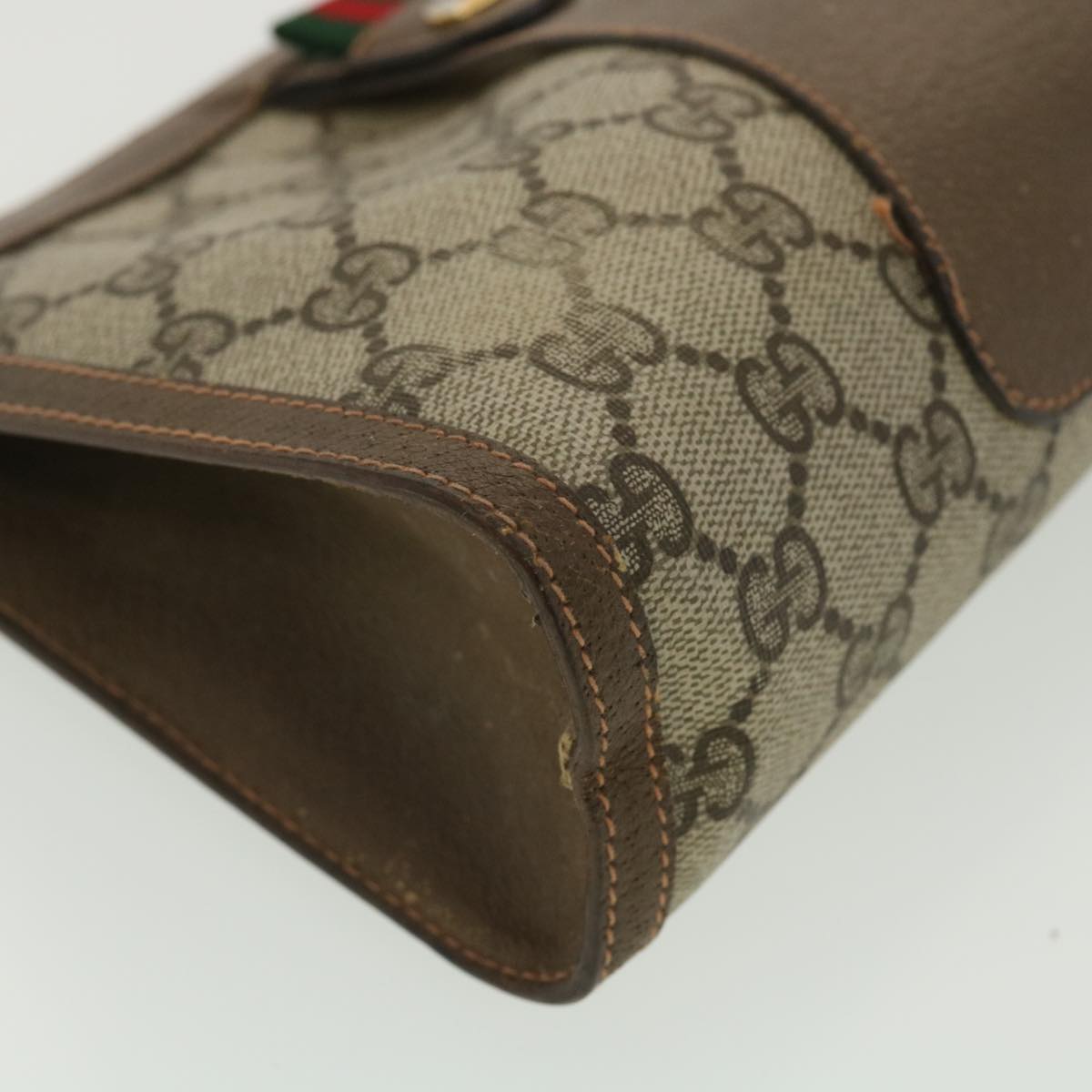 GUCCI Web Sherry Line GG Canvas Clutch Bag PVC Leather Beige Green 89 Auth 36430