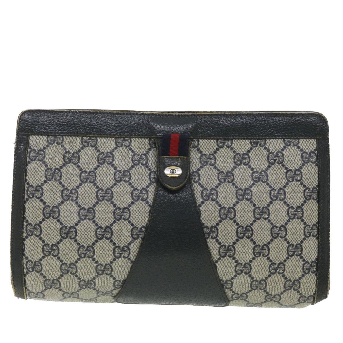 GUCCI Sherry Line GG Canvas Clutch Bag PVC Leather Navy Red 89 Auth 36432