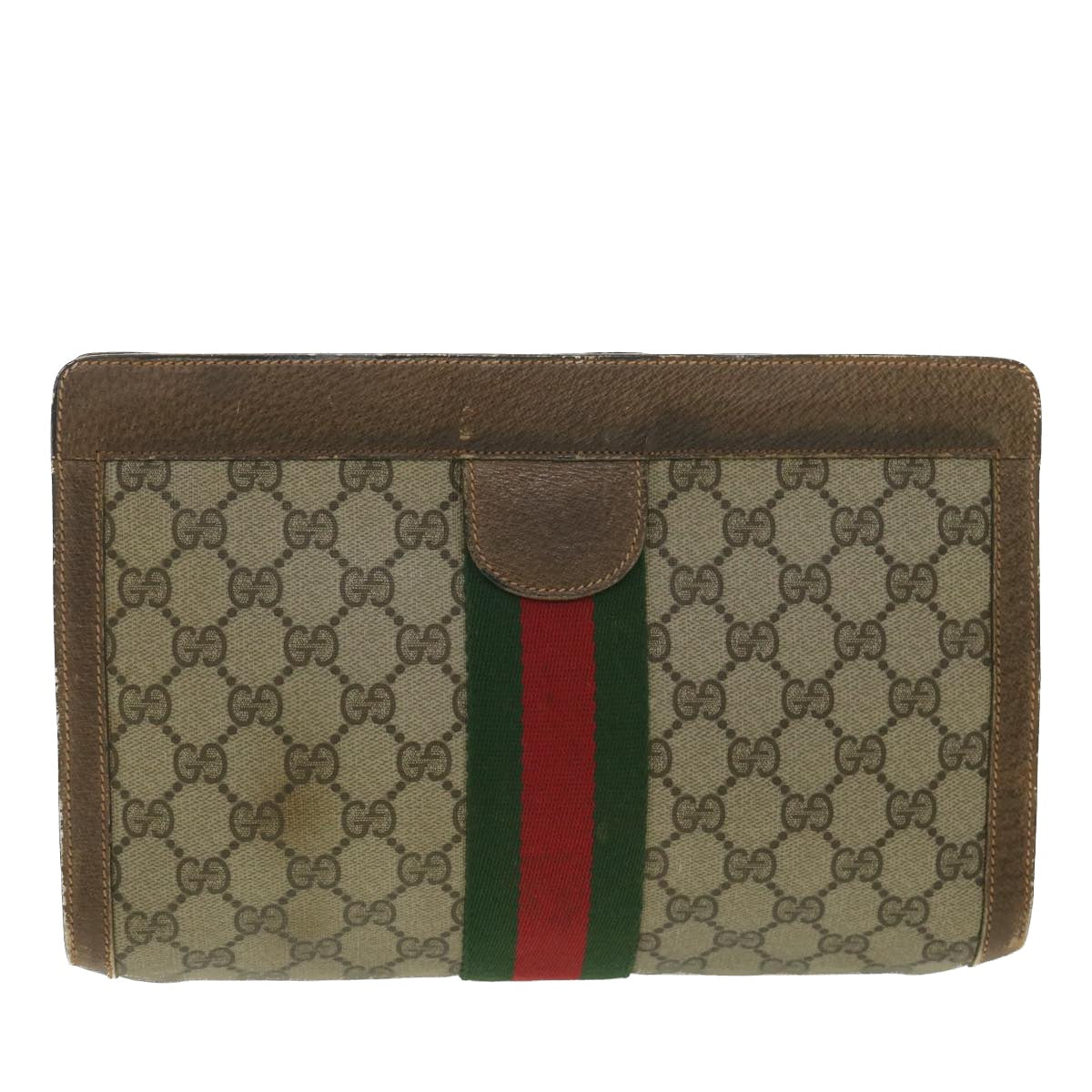 GUCCI Web Sherry Line GG Canvas Clutch Bag PVC Leather Beige Green 89 Auth 36433