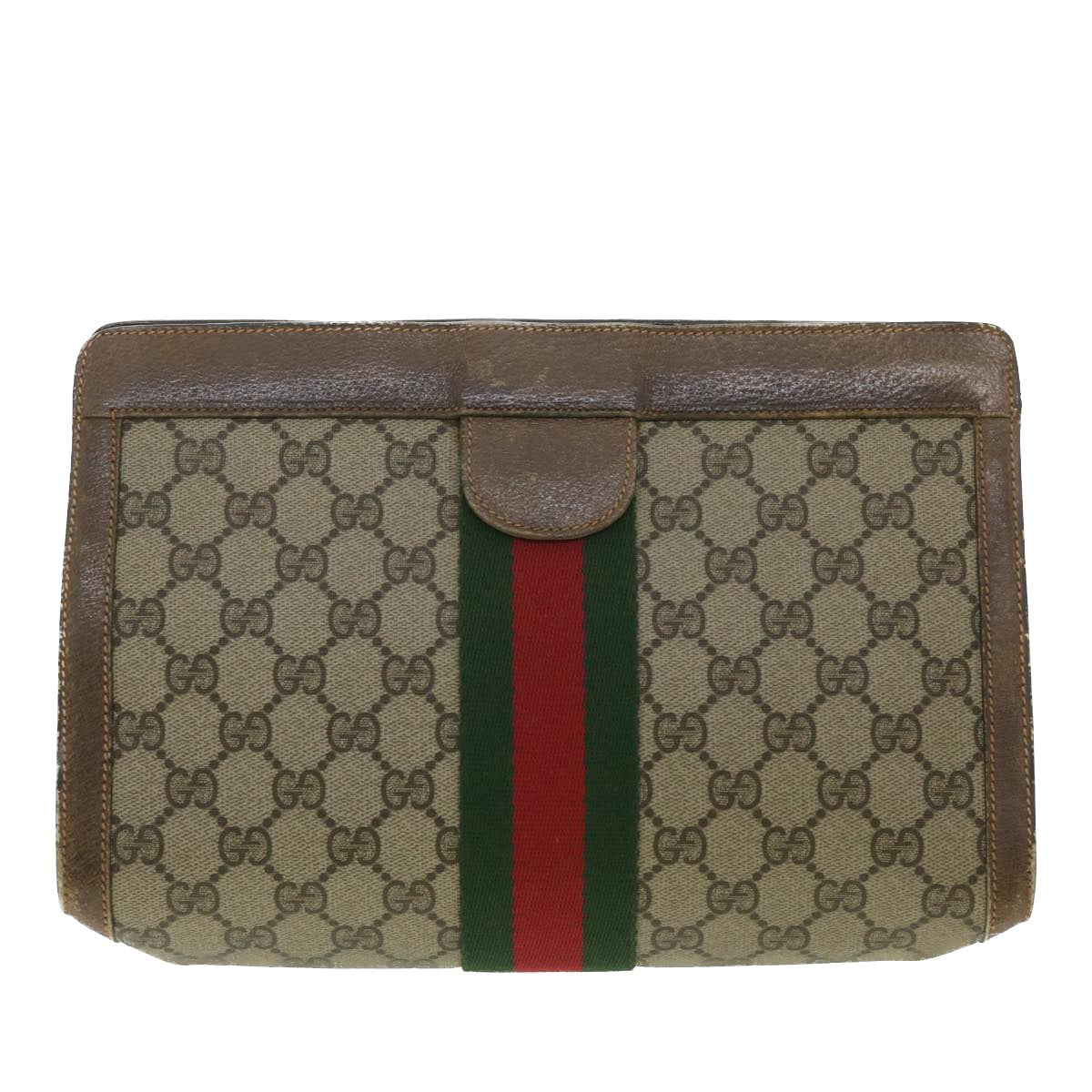 GUCCI Web Sherry Line GG Canvas Clutch Bag PVC Leather Beige Green 89 Auth 36433 - 0