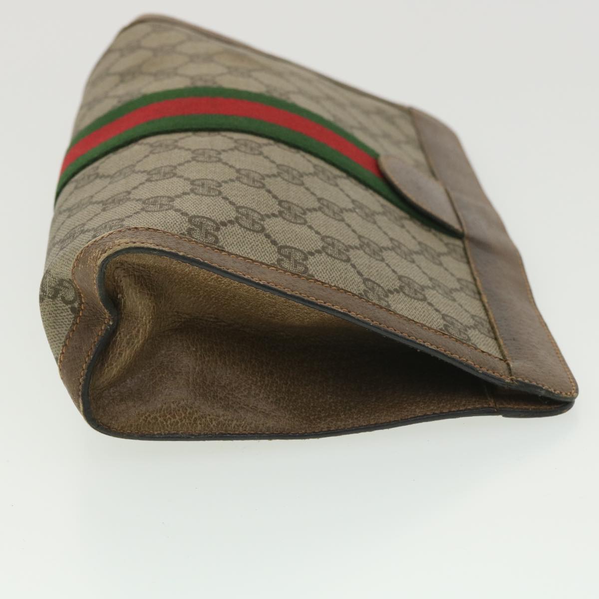 GUCCI Web Sherry Line GG Canvas Clutch Bag PVC Leather Beige Green 89 Auth 36433