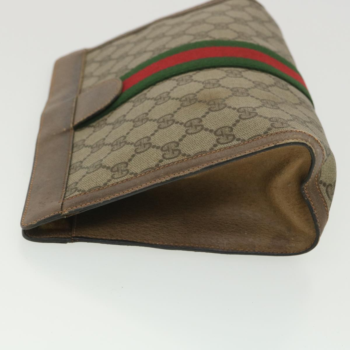 GUCCI Web Sherry Line GG Canvas Clutch Bag PVC Leather Beige Green 89 Auth 36433