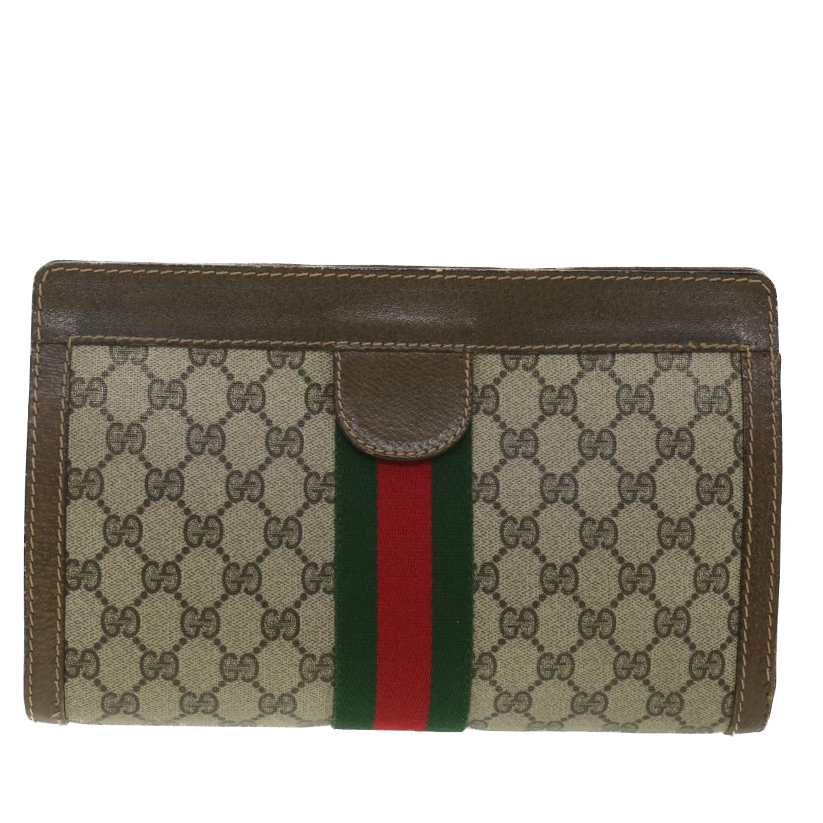 GUCCI GG Canvas Web Sherry Line Clutch Bag Beige Red Green 010.378 Auth 36471