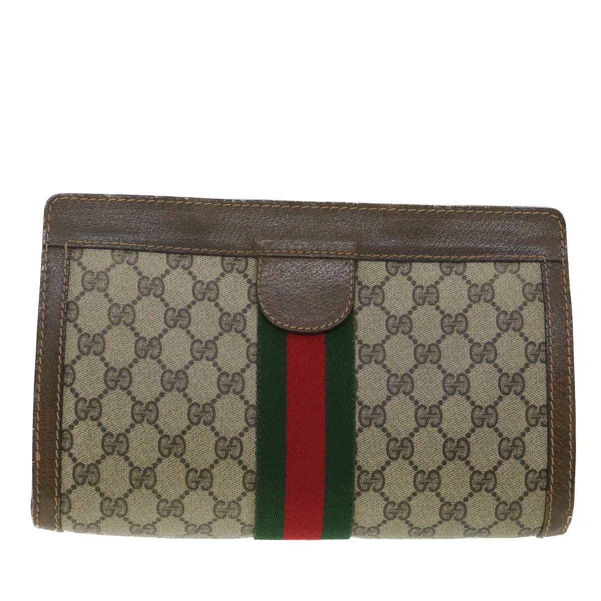 GUCCI GG Canvas Web Sherry Line Clutch Bag Beige Red Green 010.378 Auth 36471 - 0