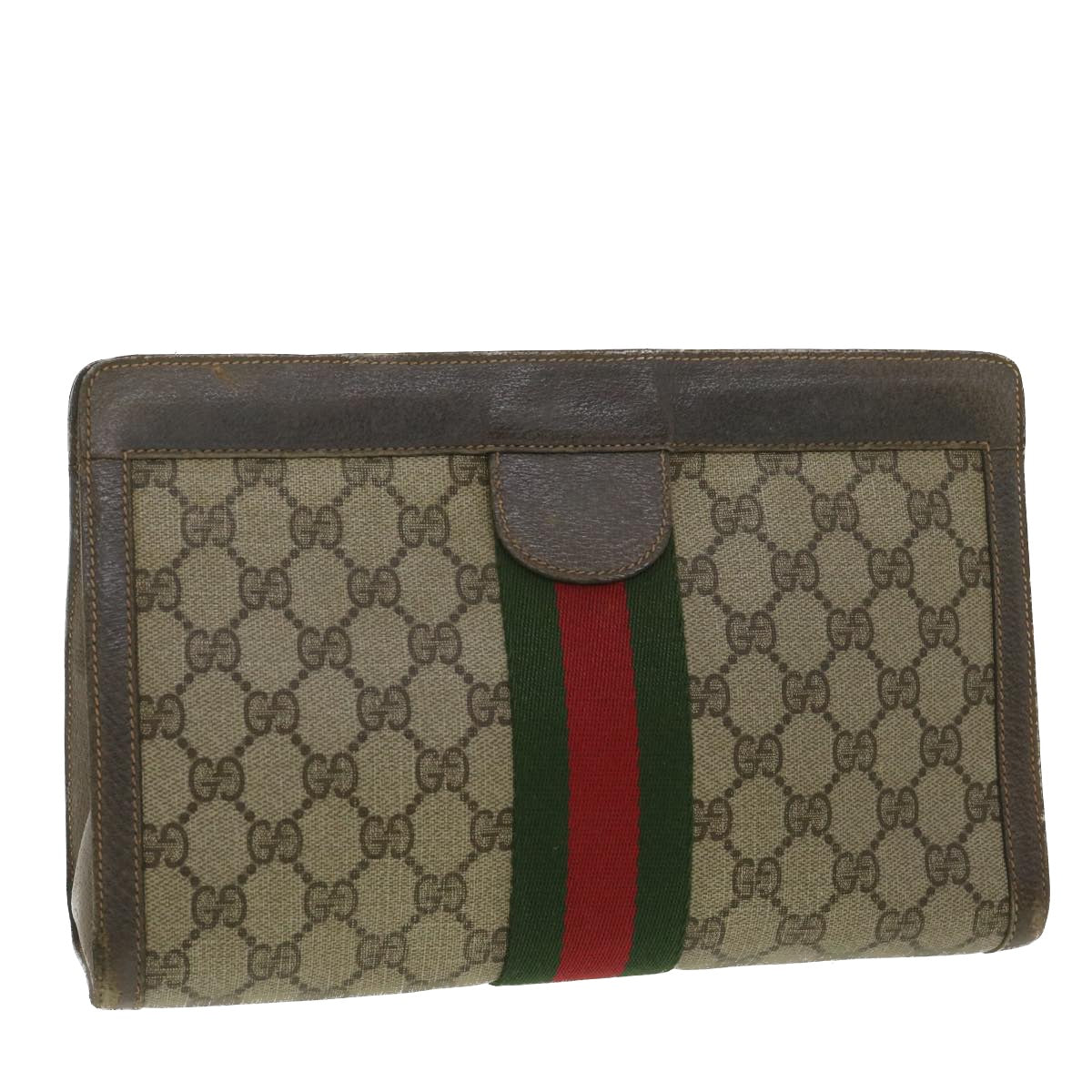 GUCCI GG Canvas Web Sherry Line Clutch Bag Beige Red Green 8901002 Auth 36490