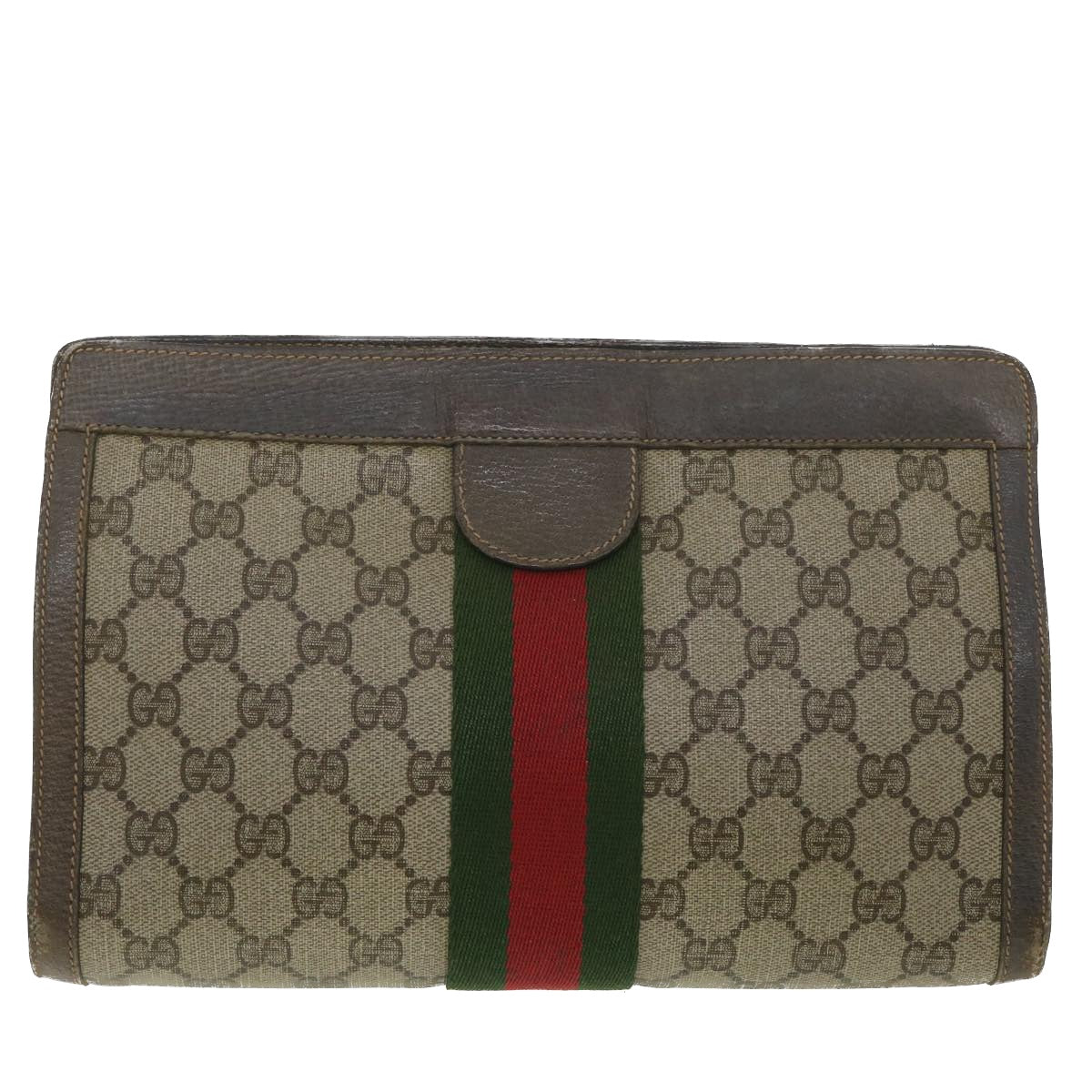 GUCCI GG Canvas Web Sherry Line Clutch Bag Beige Red Green 8901002 Auth 36490 - 0