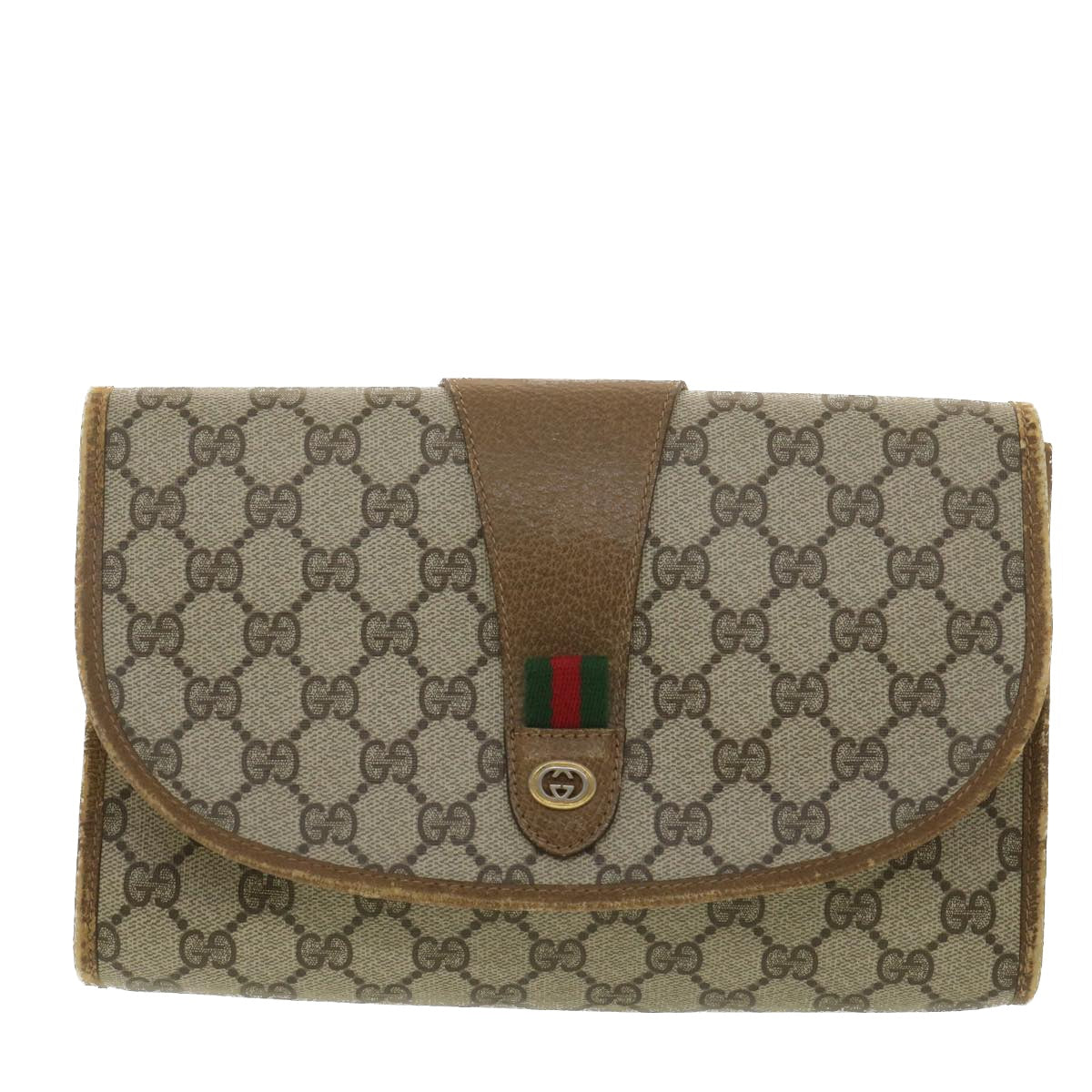 GUCCI Web Sherry Line GG Canvas Clutch Bag PVC Leather Beige Green 89 Auth 36492