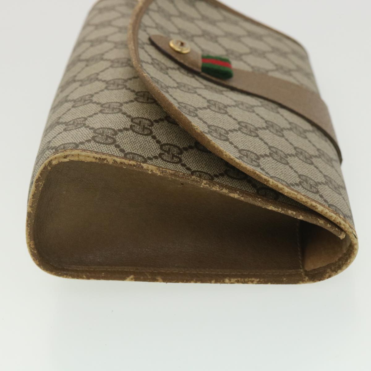 GUCCI Web Sherry Line GG Canvas Clutch Bag PVC Leather Beige Green 89 Auth 36492