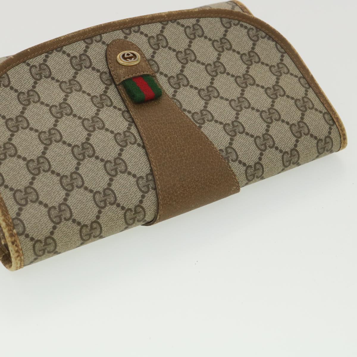 GUCCI Web Sherry Line GG Canvas Clutch Bag PVC Leather Beige Green 89 Auth 36492