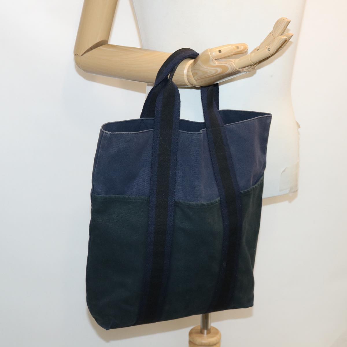 HERMES Fourre Tout Tote Bag Canvas Navy Black Green Auth 36558