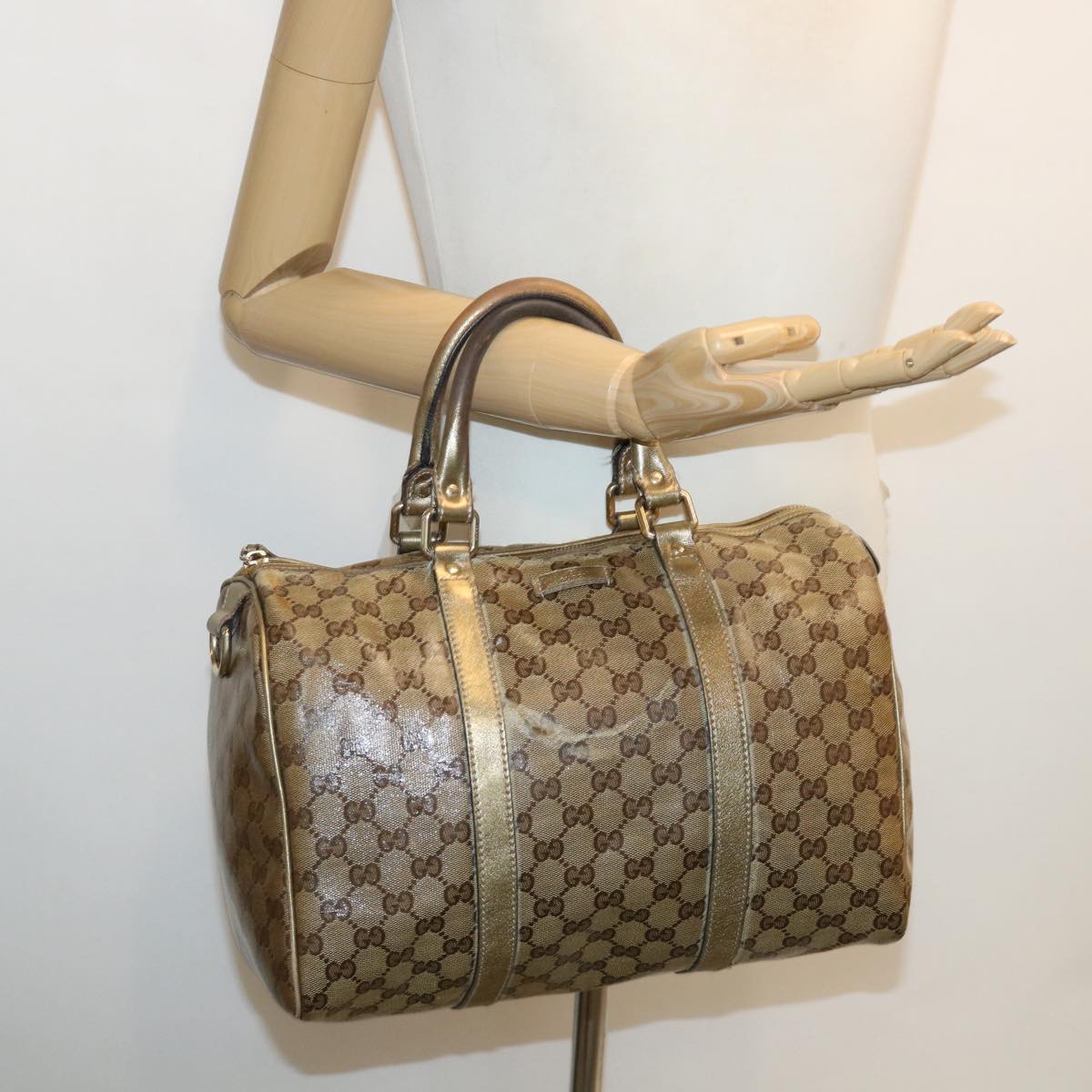 GUCCI GG crystal Boston Bag Coated Canvas Beige Gold 193603 Auth 36636