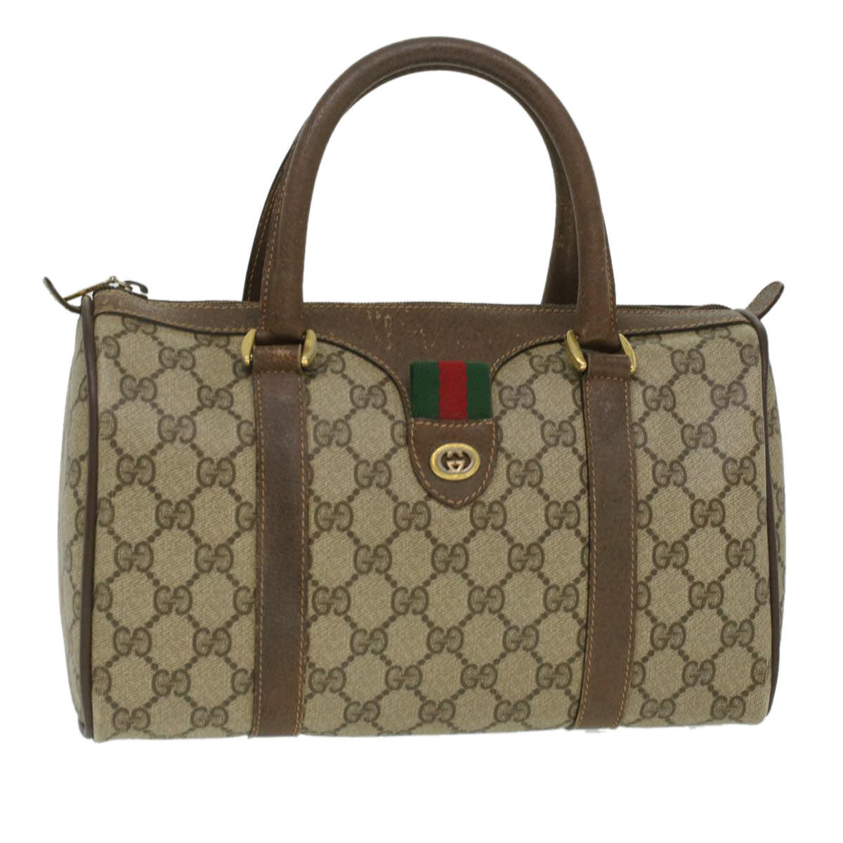 GUCCI Web Sherry Line GG Canvas Boston Bag PVC Leather Beige Green Auth 36638