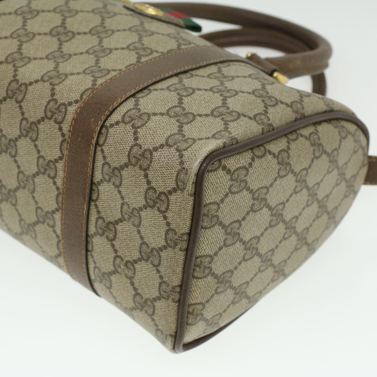 GUCCI Web Sherry Line GG Canvas Boston Bag PVC Leather Beige Green Auth 36638