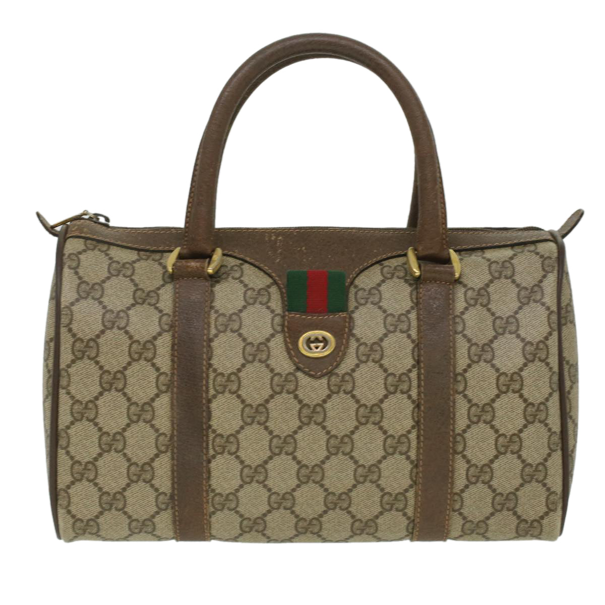 GUCCI Web Sherry Line GG Canvas Boston Bag PVC Leather Beige Green Auth 36638