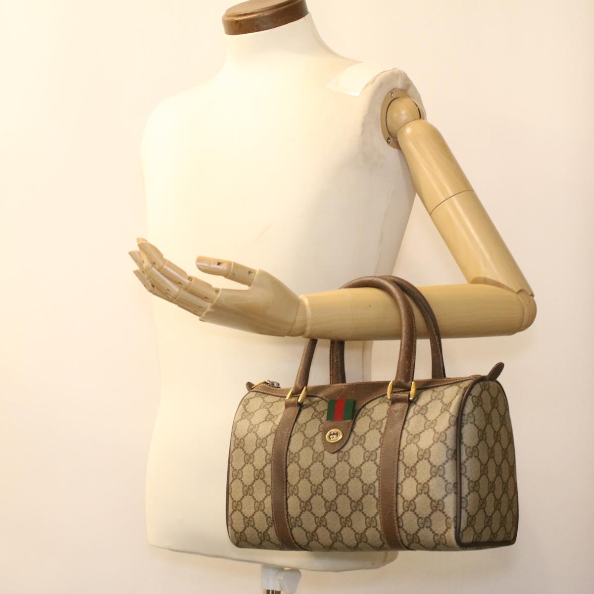 GUCCI Web Sherry Line GG Canvas Boston Bag PVC Leather Beige Green Auth 36638