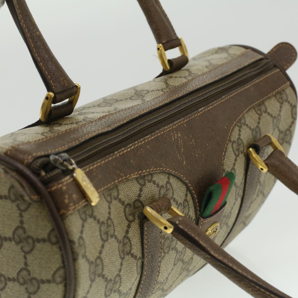 GUCCI Web Sherry Line GG Canvas Boston Bag PVC Leather Beige Green Auth 36638