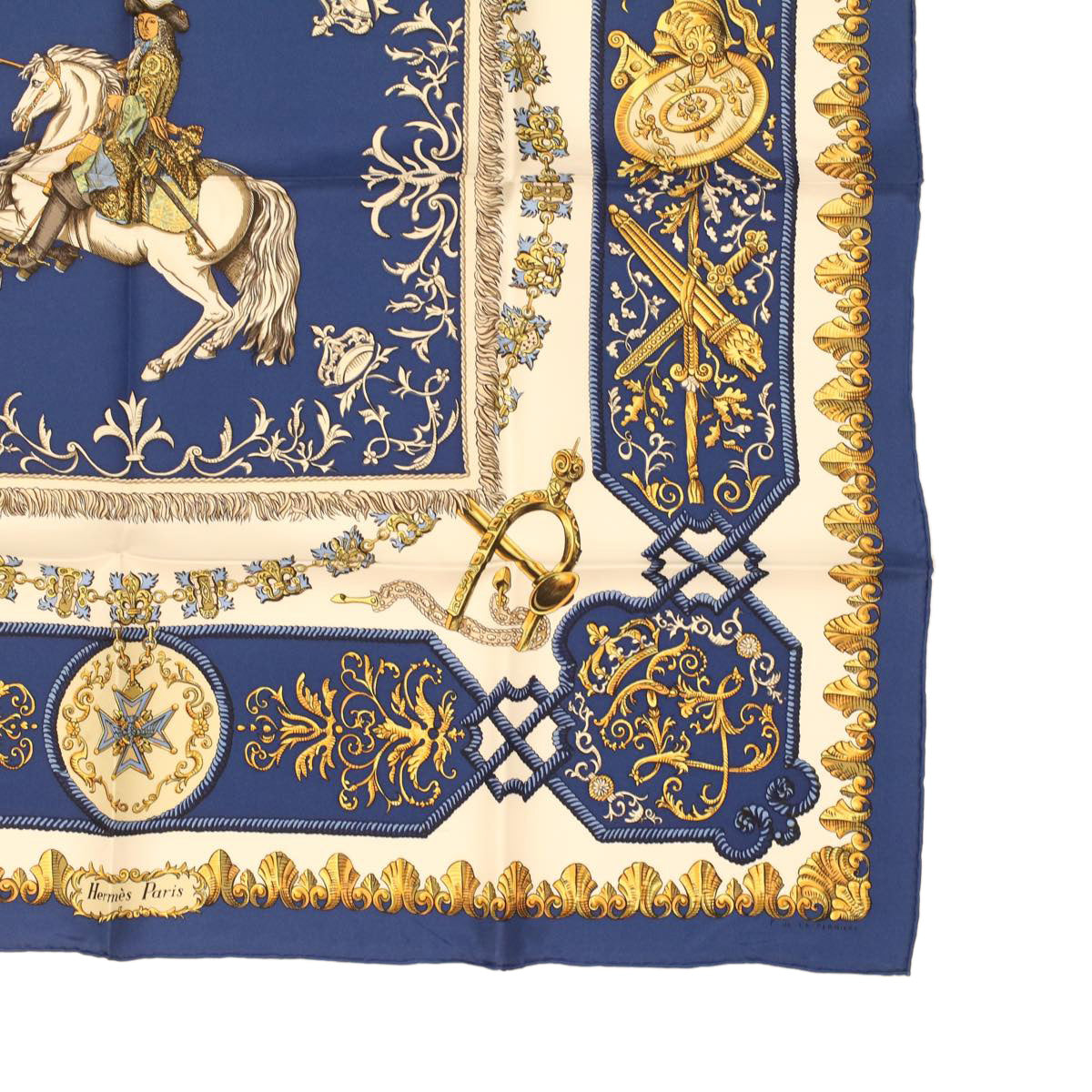 HERMES Carre 90 LVDOVICVS MAGNVS Scarf Silk Blue Yellow Auth 36788
