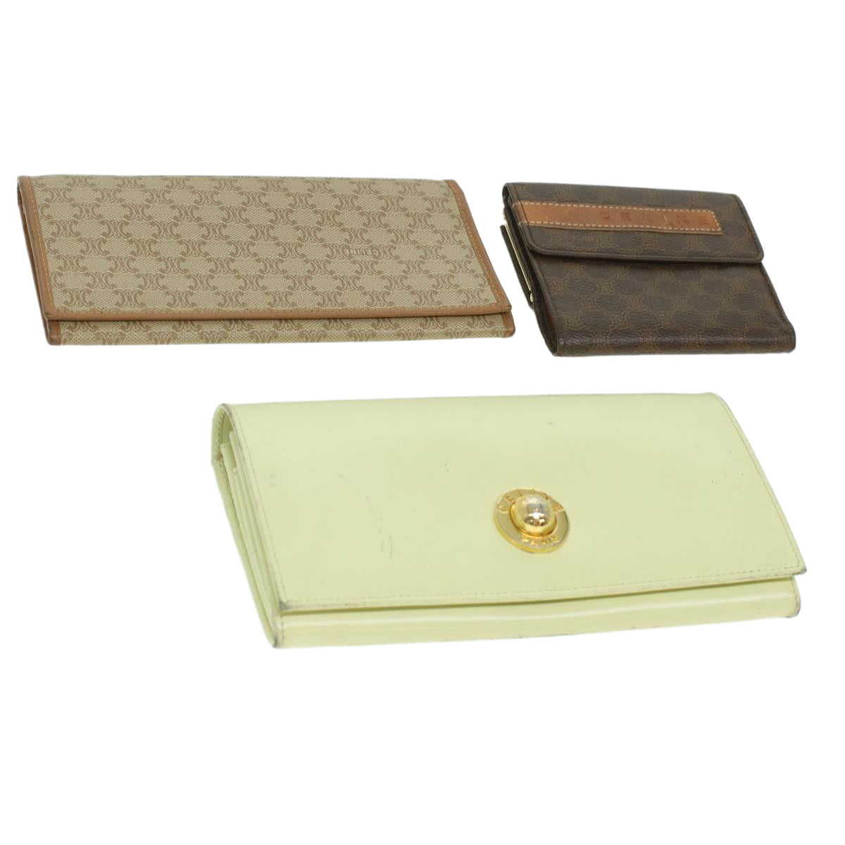 CELINE Macadam Canvas Wallet PVC Leather 3Set Brown Beige Auth 36792