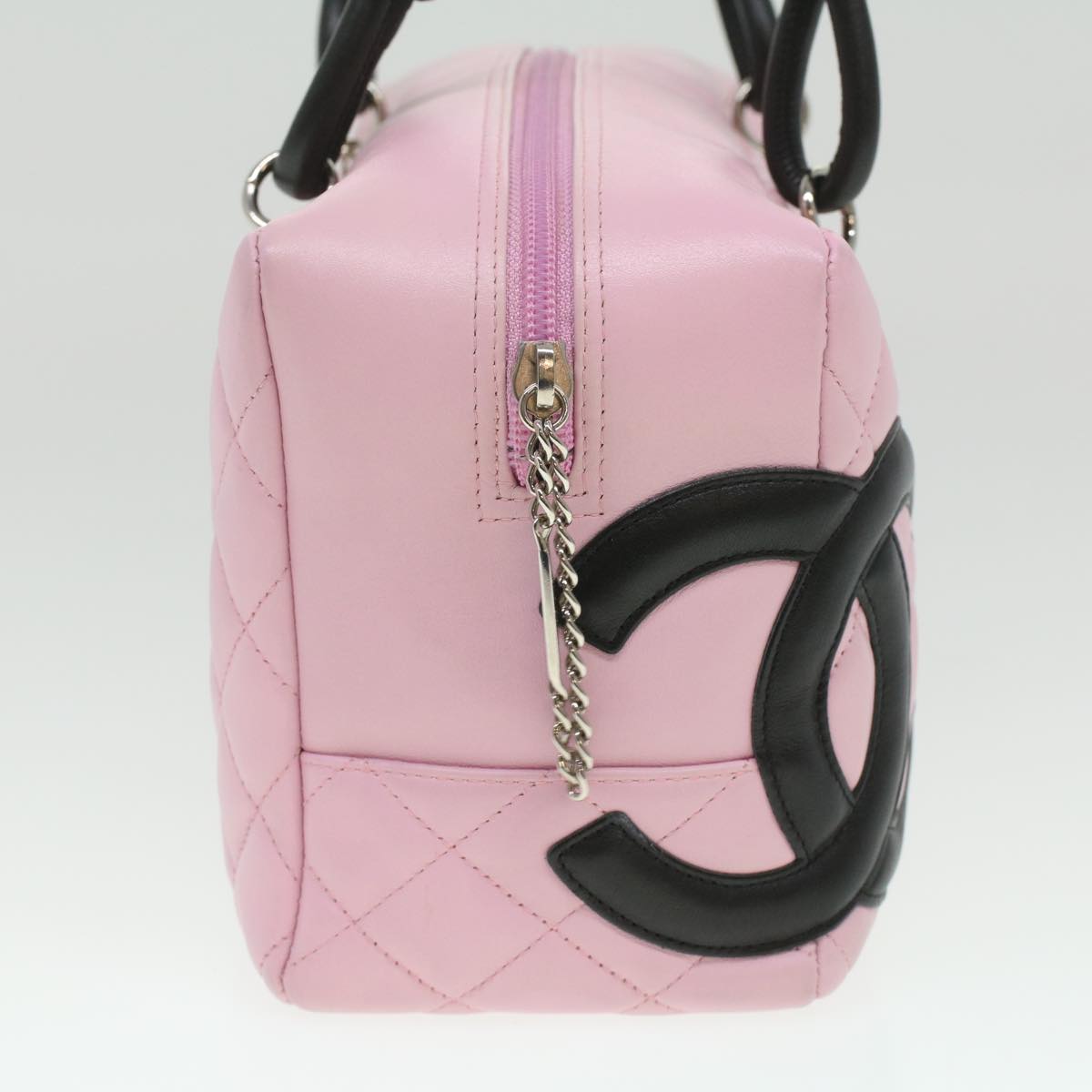 CHANEL Cambon Line Shoulder Bag Leather Pink Black CC Auth 36958