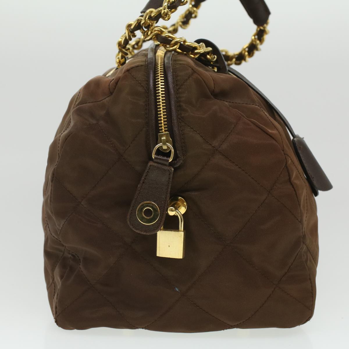 PRADA Quilted Chain Hand Bag Nylon Brown Auth 36963