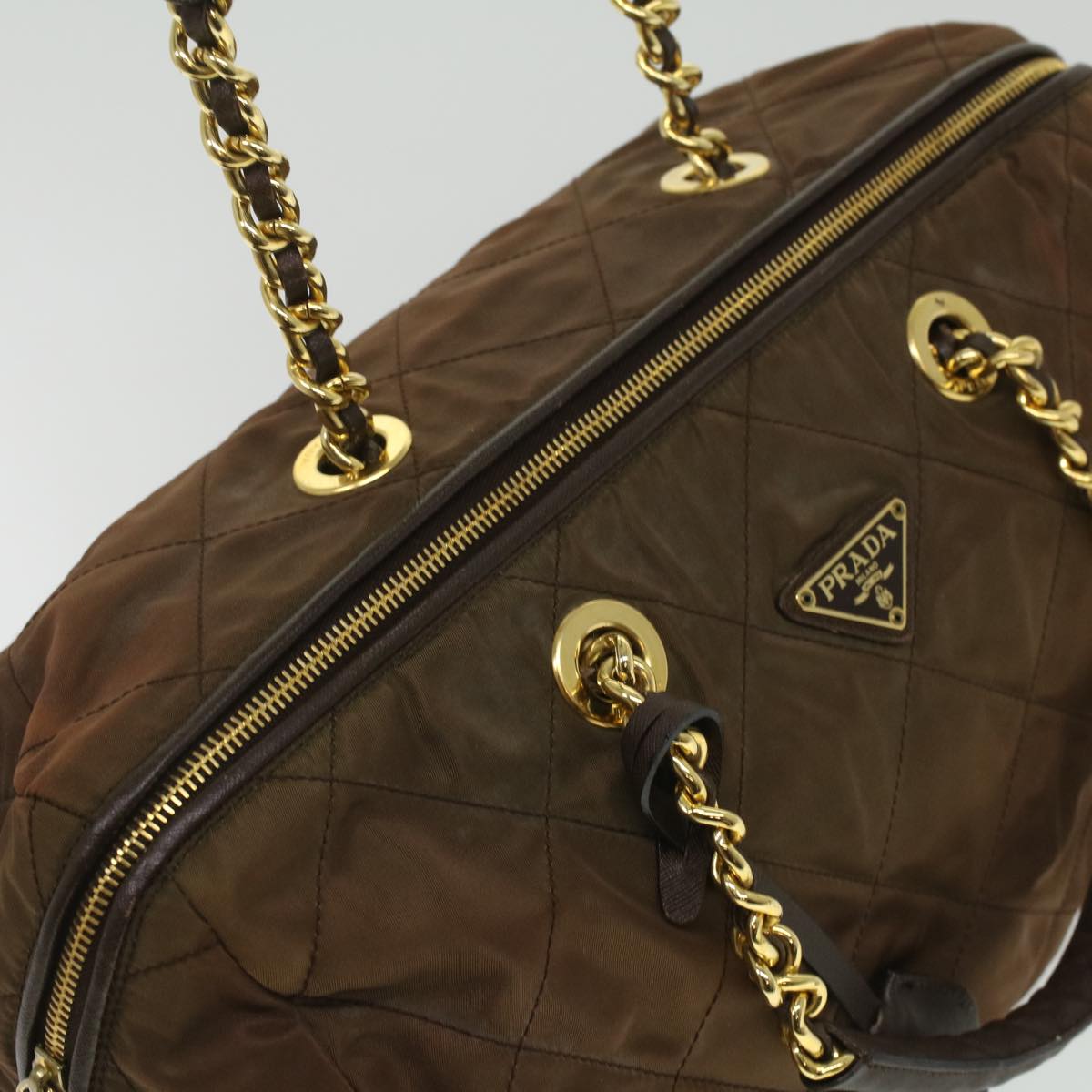 PRADA Quilted Chain Hand Bag Nylon Brown Auth 36963