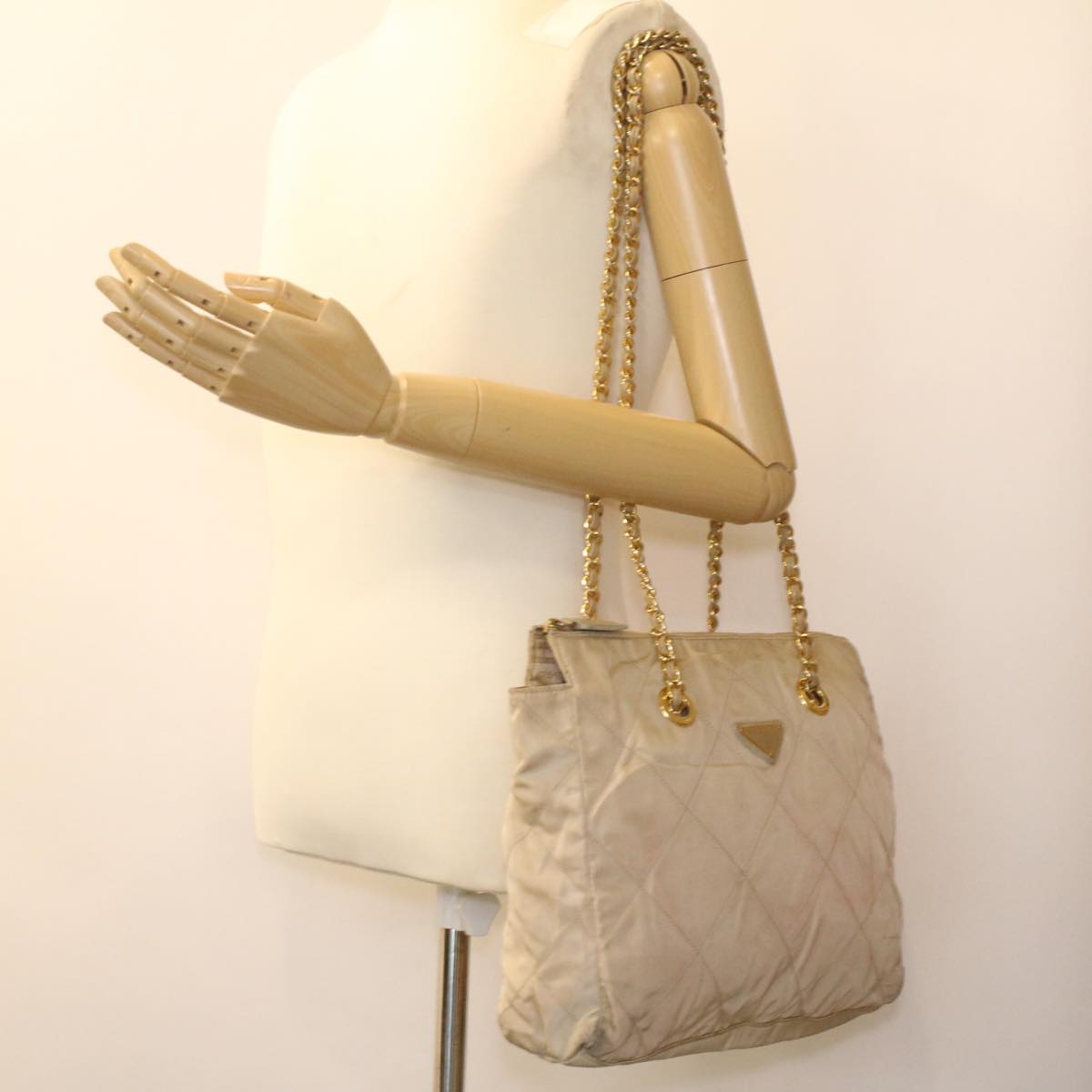 PRADA Chain Shoulder Bag Nylon Beige Auth 36975