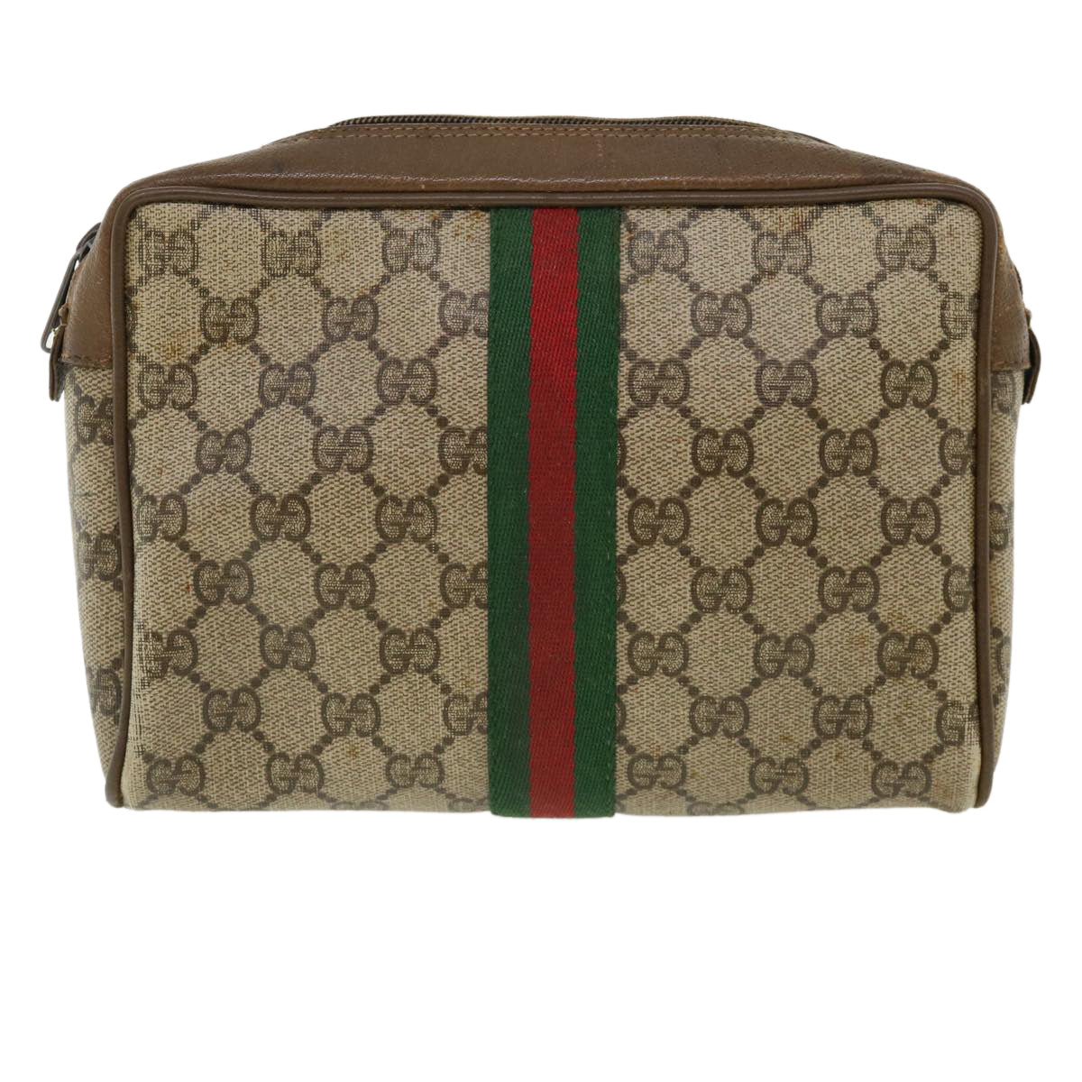 GUCCI Web Sherry Line GG Canvas Clutch Bag PVC Leather Beige Green Auth 37094