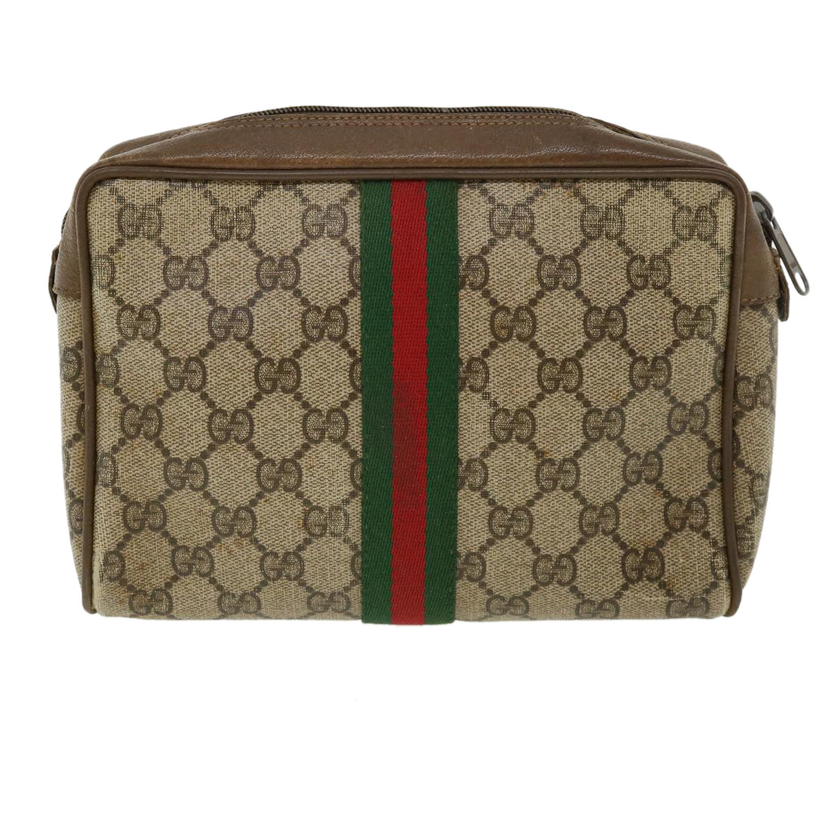 GUCCI Web Sherry Line GG Canvas Clutch Bag PVC Leather Beige Green Auth 37094 - 0