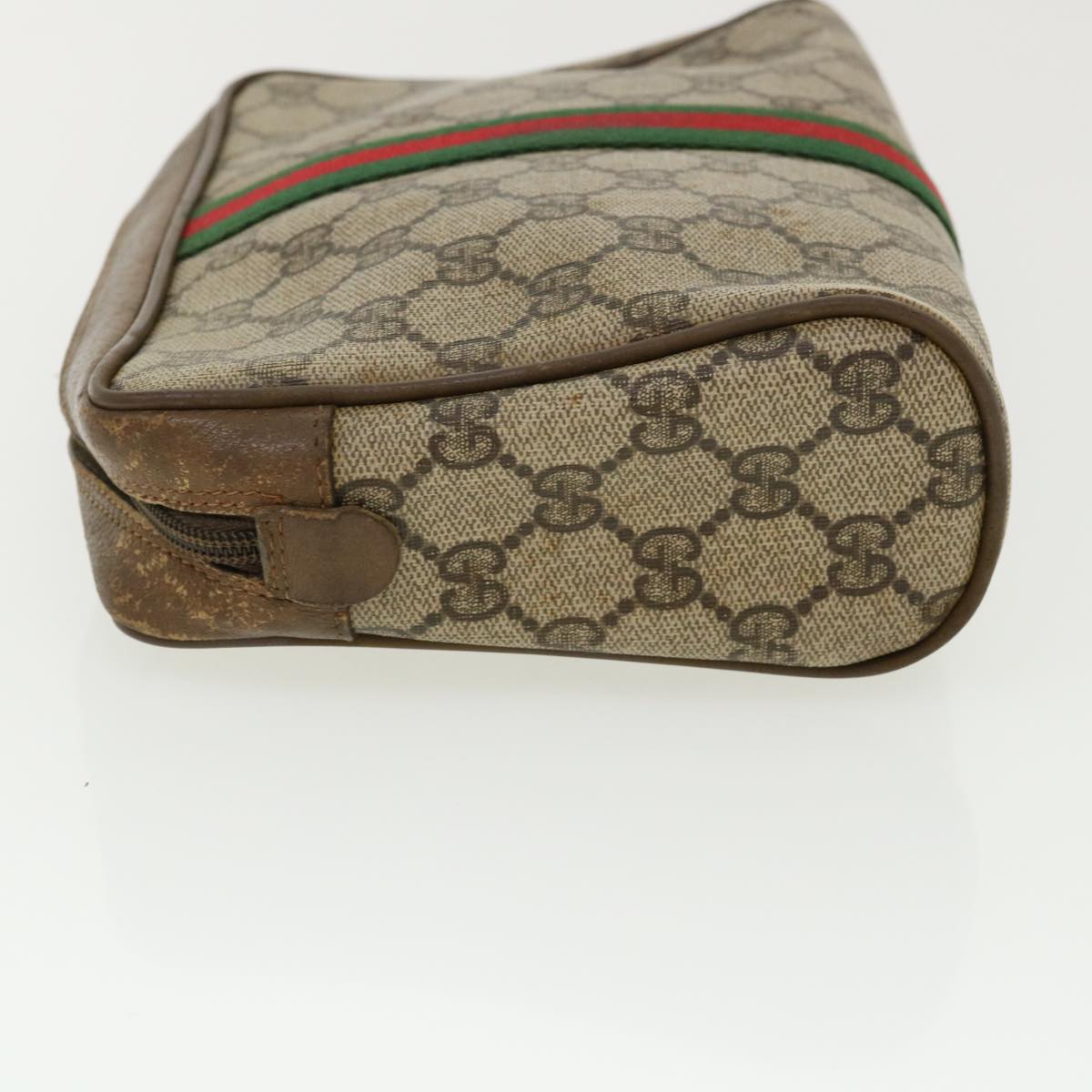 GUCCI Web Sherry Line GG Canvas Clutch Bag PVC Leather Beige Green Auth 37094