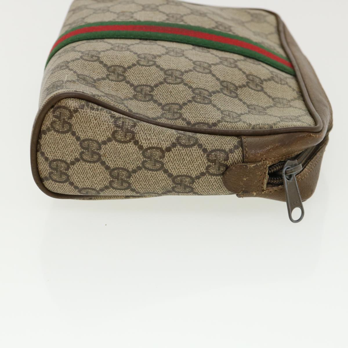 GUCCI Web Sherry Line GG Canvas Clutch Bag PVC Leather Beige Green Auth 37094