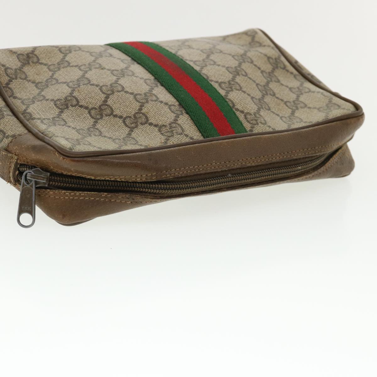 GUCCI Web Sherry Line GG Canvas Clutch Bag PVC Leather Beige Green Auth 37094