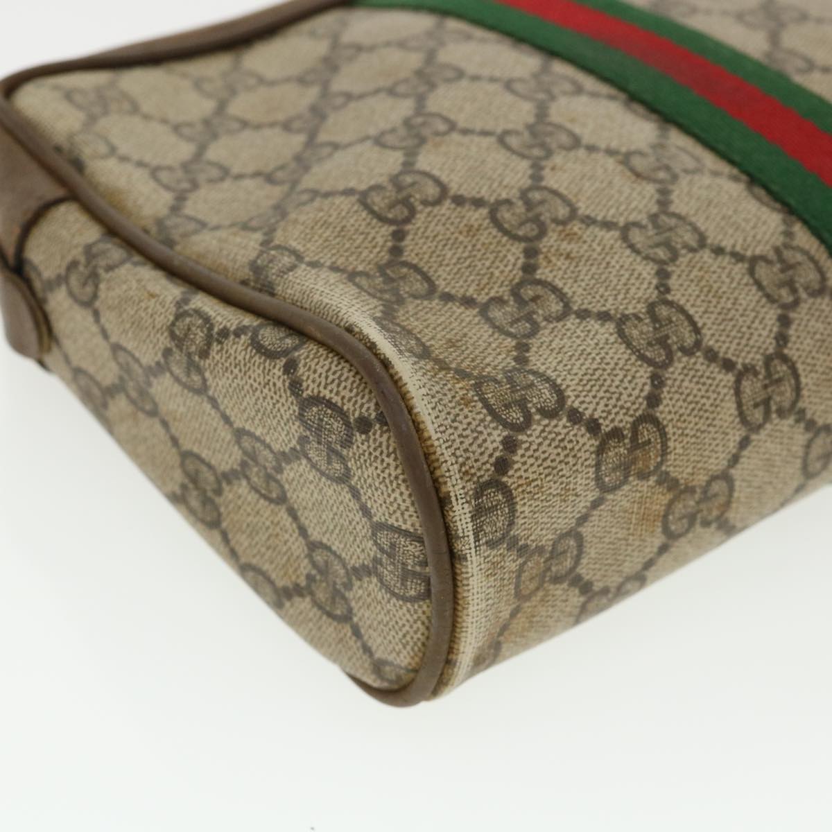 GUCCI Web Sherry Line GG Canvas Clutch Bag PVC Leather Beige Green Auth 37094