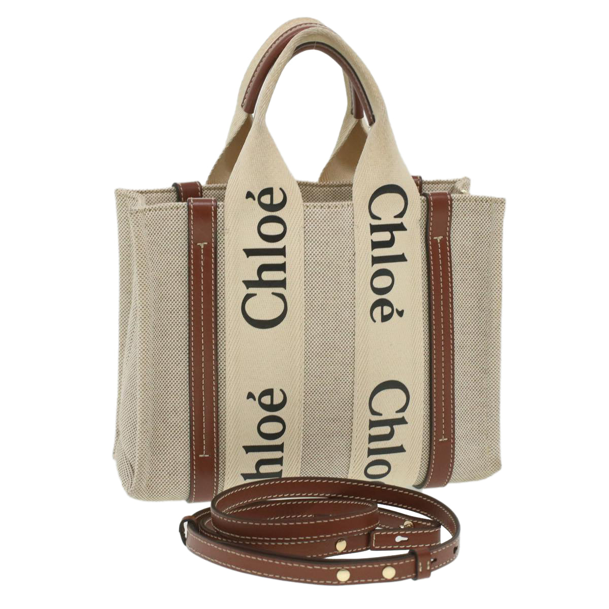 Chloe Woody Hand Bag Canvas 2way Gray Brown Auth 37269A