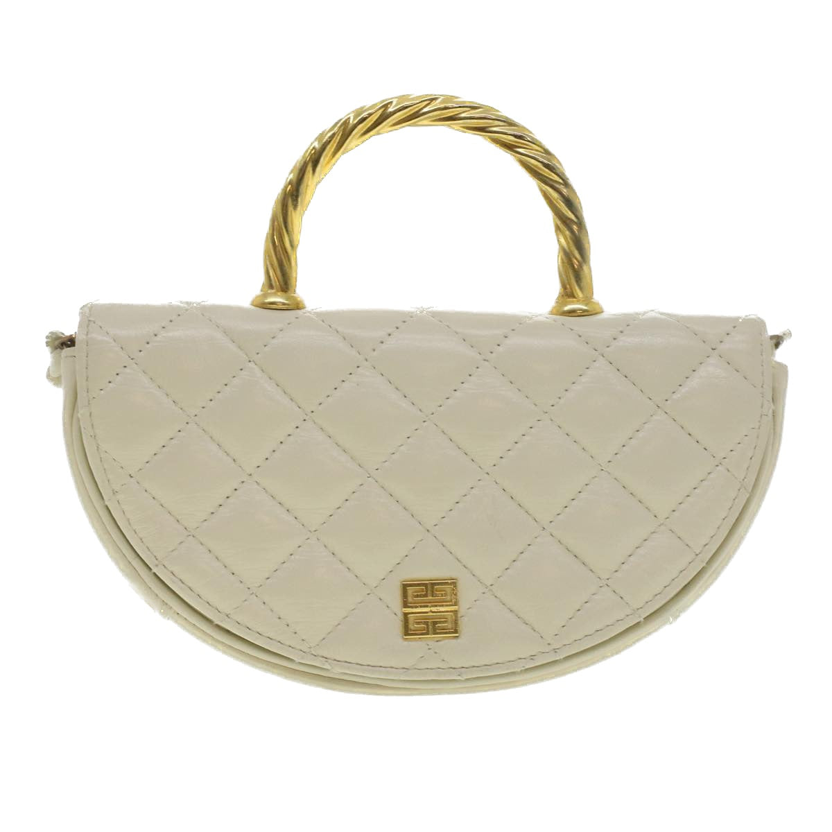 GIVENCHY Matelasse Hand Bag Leather 2way White Gold Auth 37405