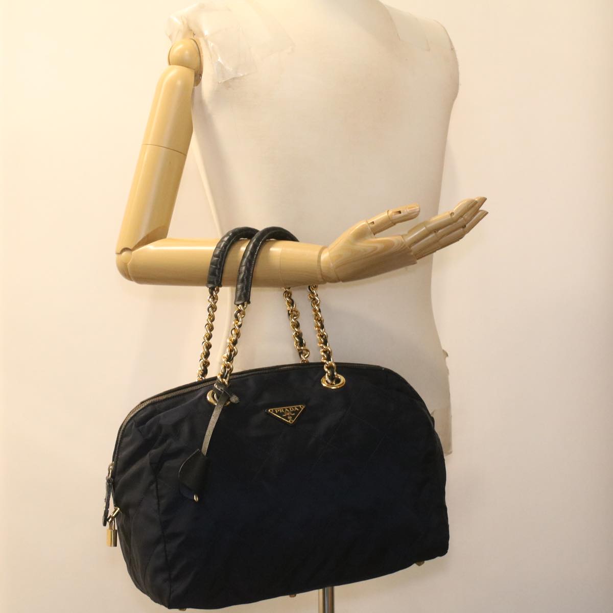 PRADA Chain Hand Bag Nylon Navy Auth 37556